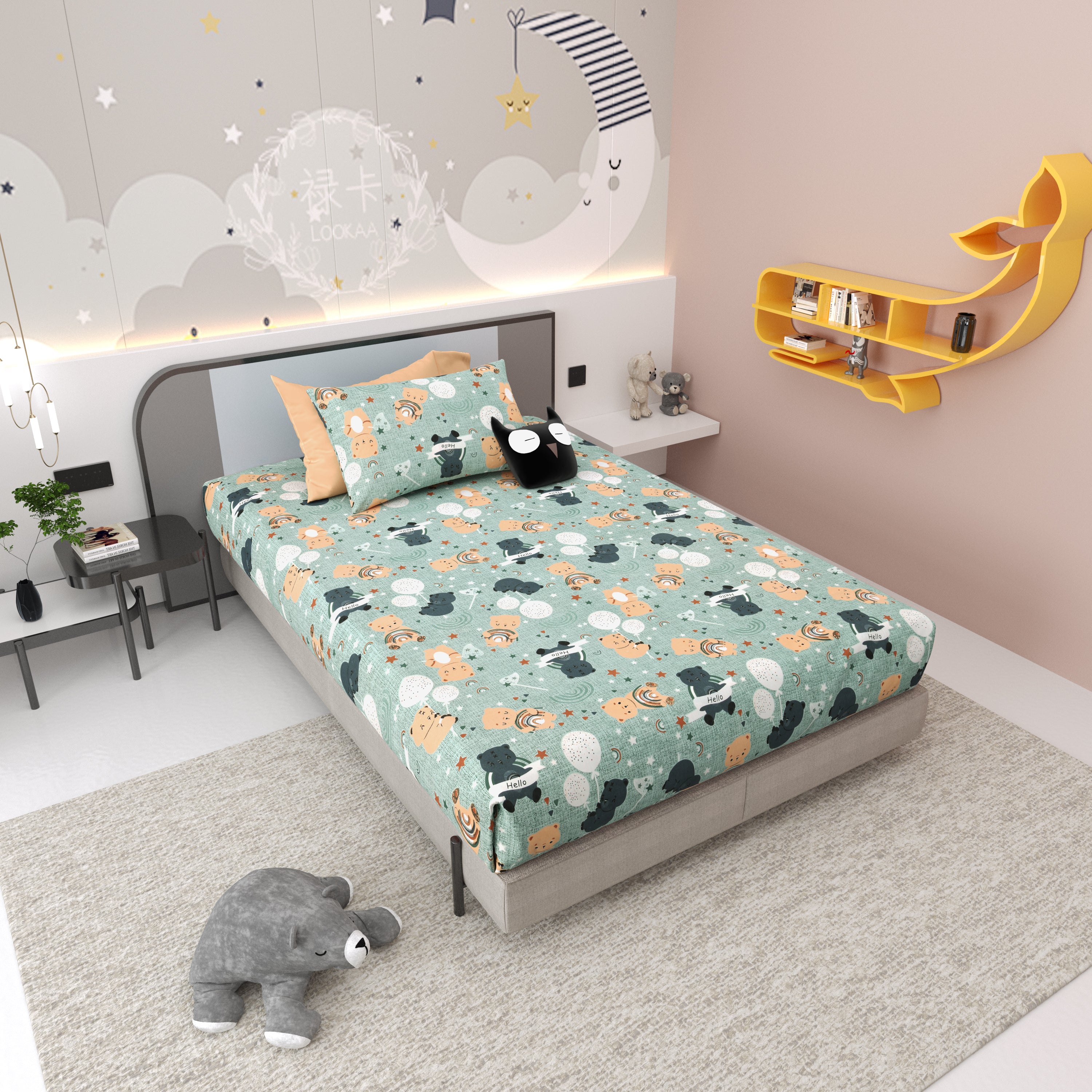 Moonlight Bear Hugs Kids Single Bedsheet Set of 2 - Light Green