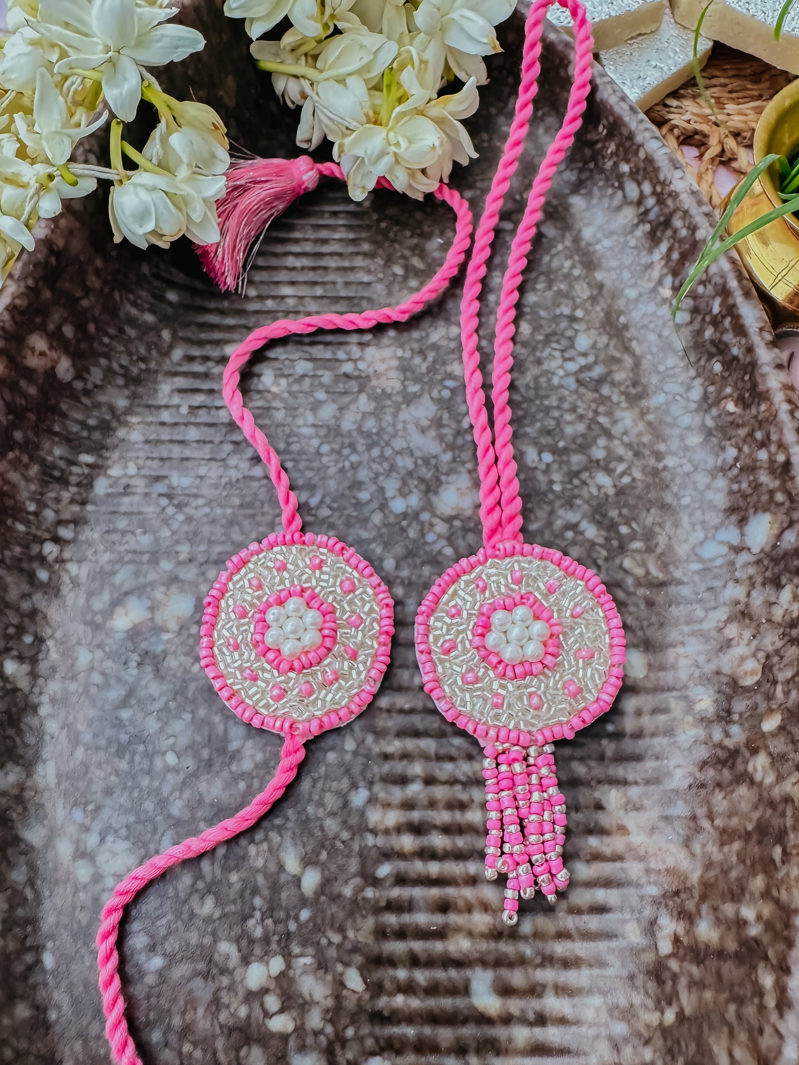 Pink Glitter Circle & Lumba Set Handmade Rakhi