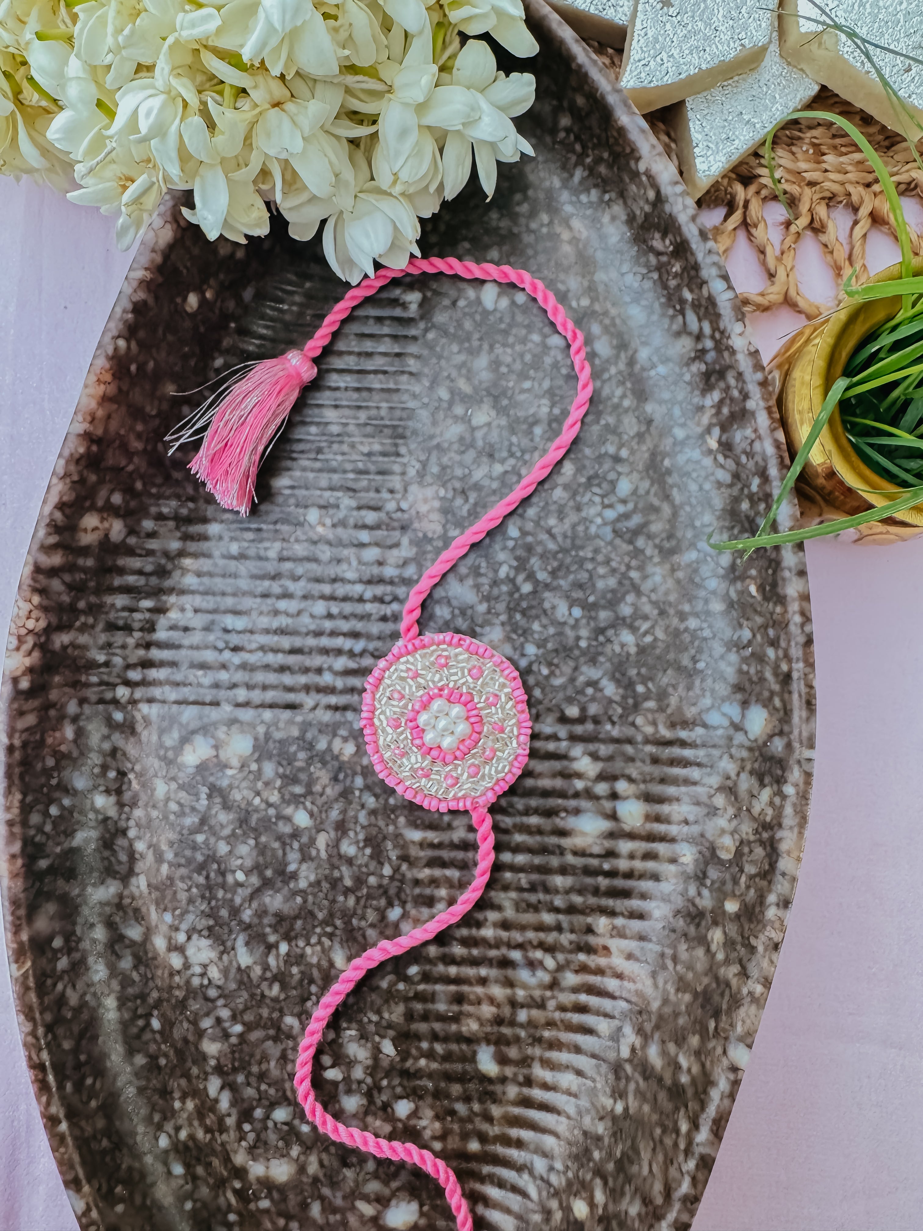 Pink Glitter Circle Handmade Rakhi