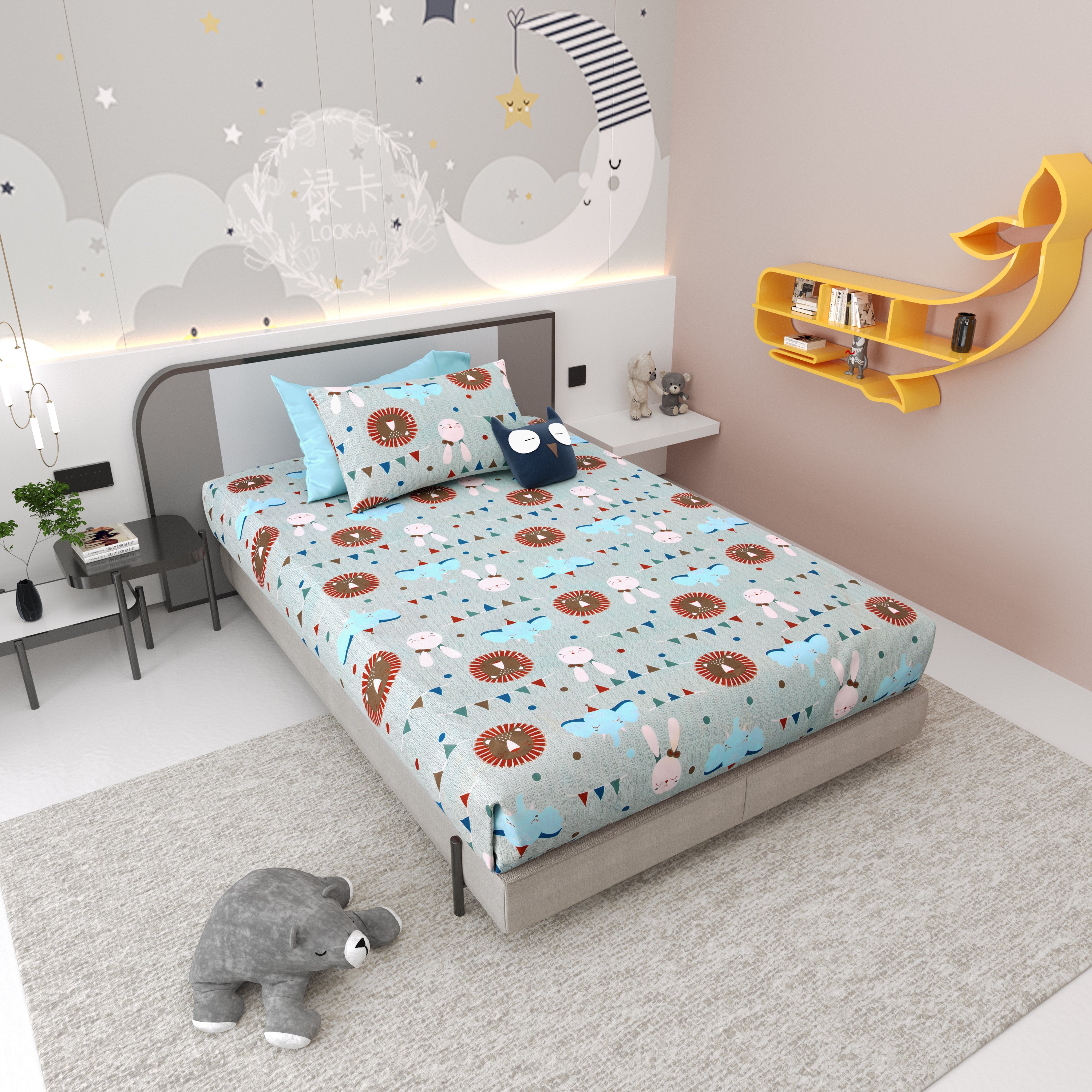 Jungle Carnival Pure Cotton Single Bedsheet Set of 2 - Mint Green