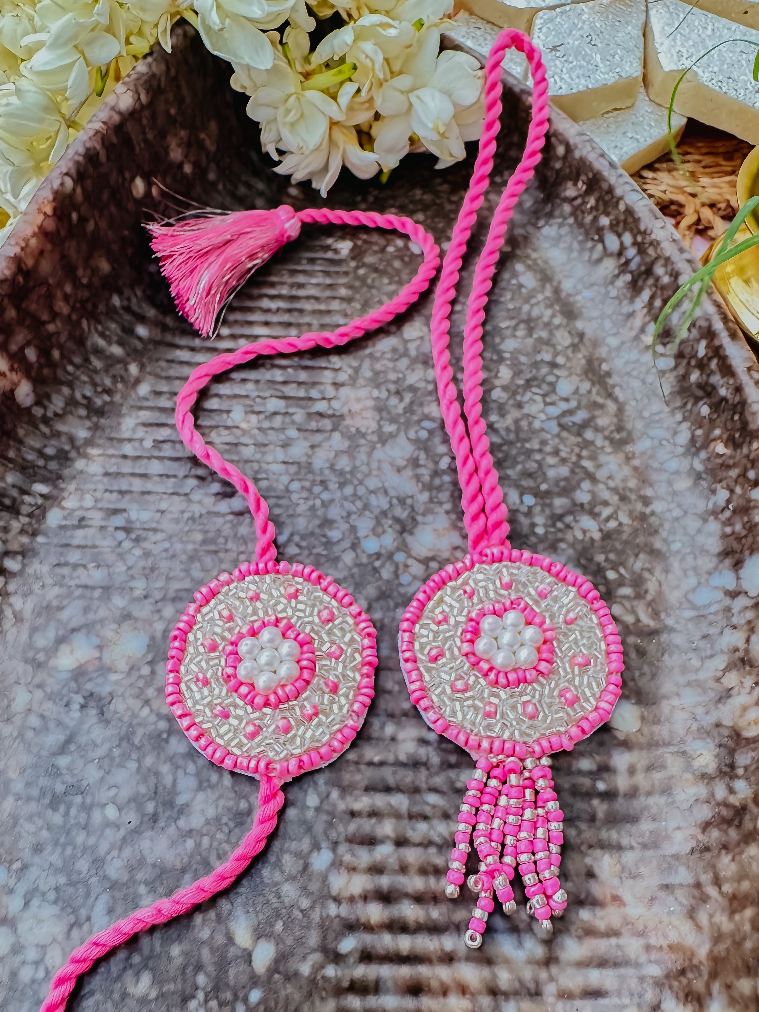 Pink Glitter Circle & Lumba Set Handmade Rakhi
