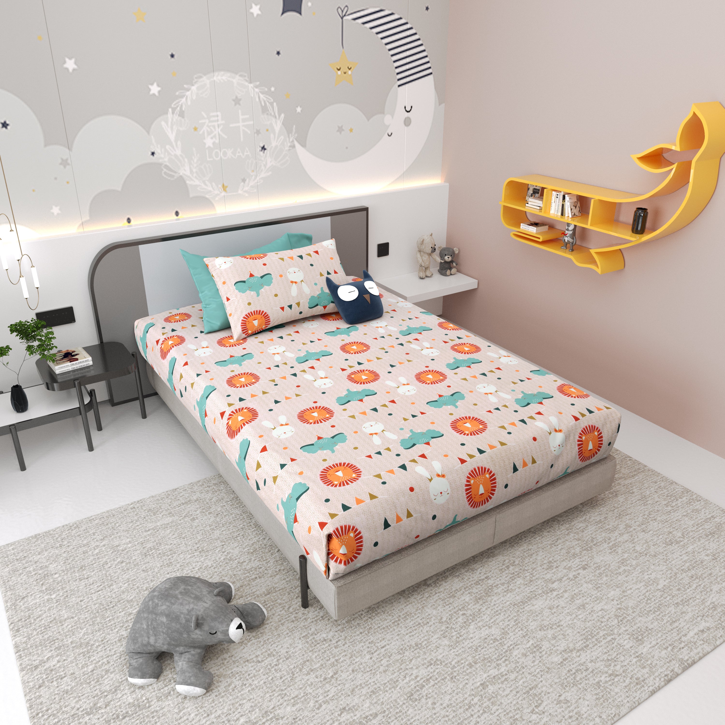 Jungle Carnival Pure Cotton Single Bedsheet Set of 2 - Cream