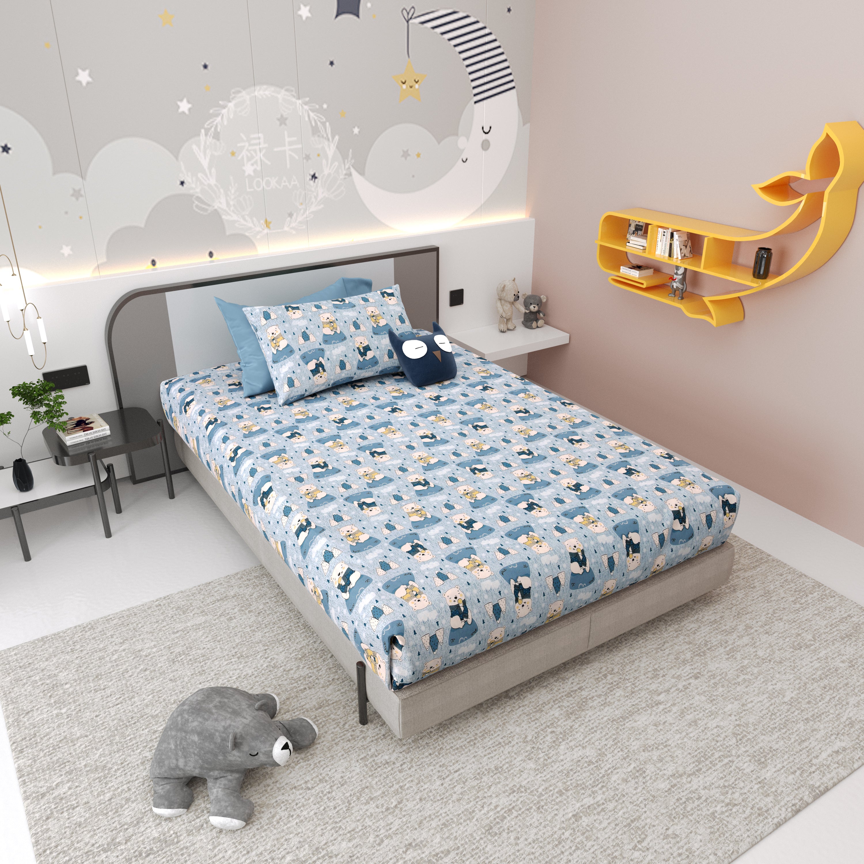 Bear Buddies Pure Cotton Single Bedsheet Set of 2- Blue