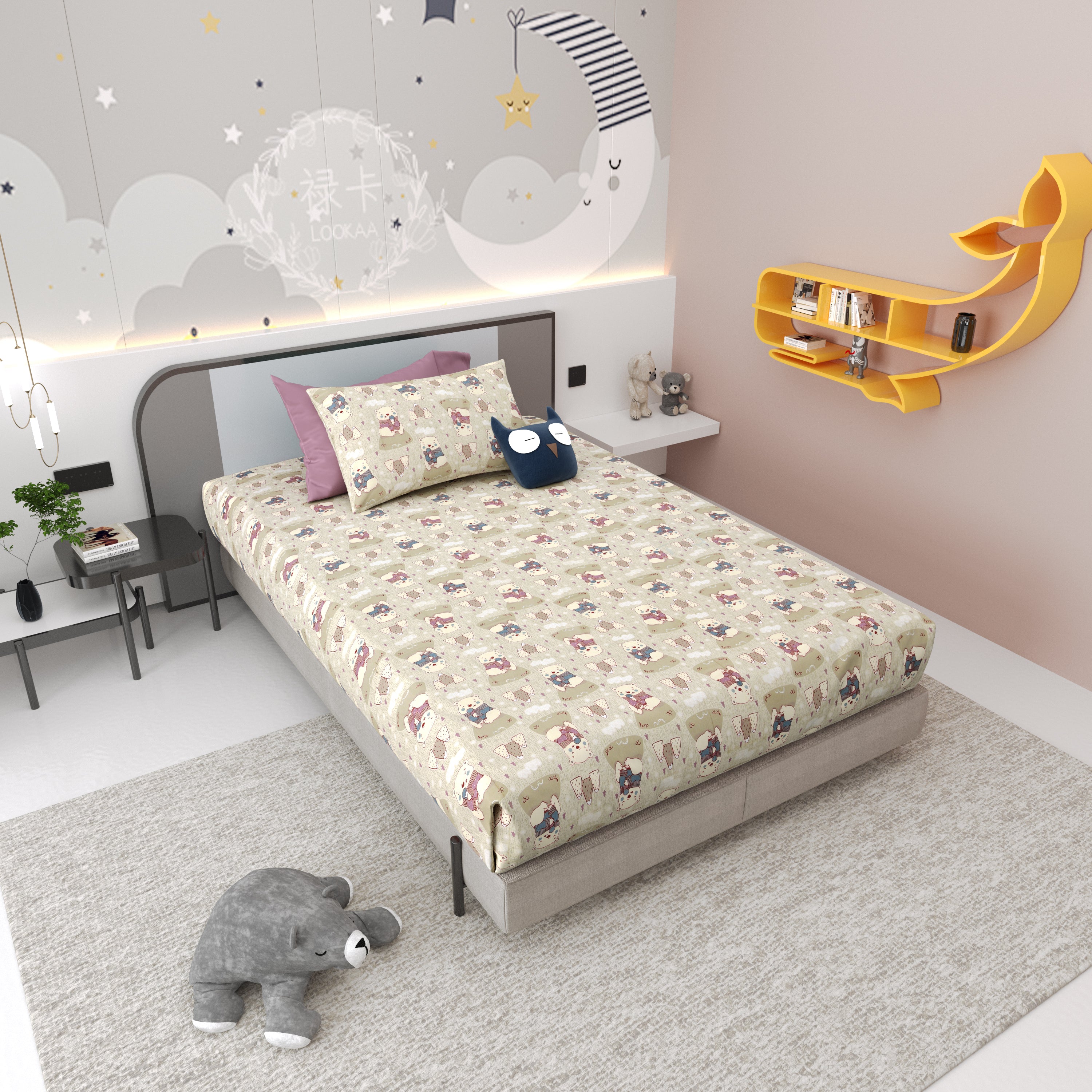 Bear Buddies Pure Cotton Single Bedsheet Set of 2 - Beige