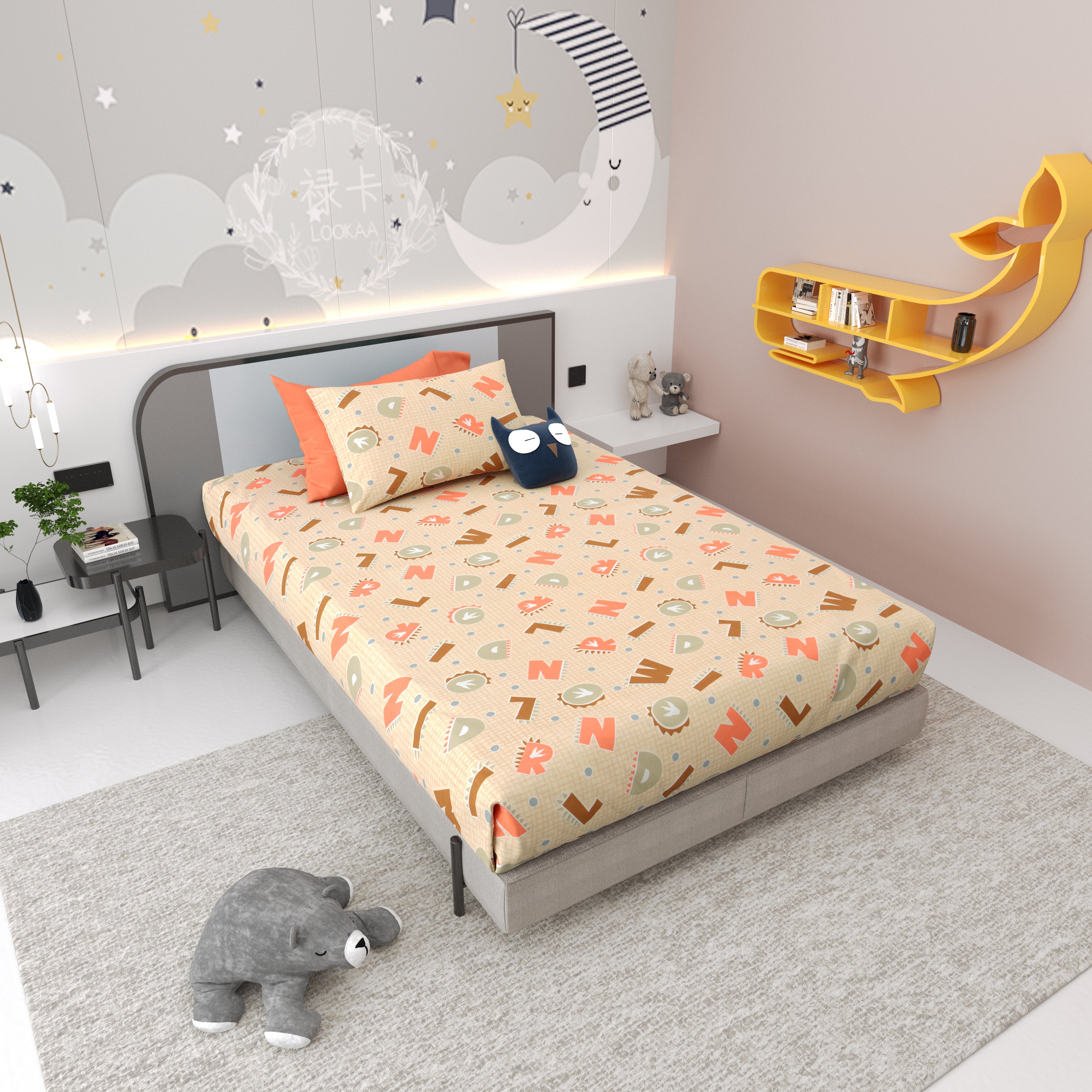 Alphabetical Adventure Pure Cotton Single Bedsheet Set of 2 - Peachy Cream