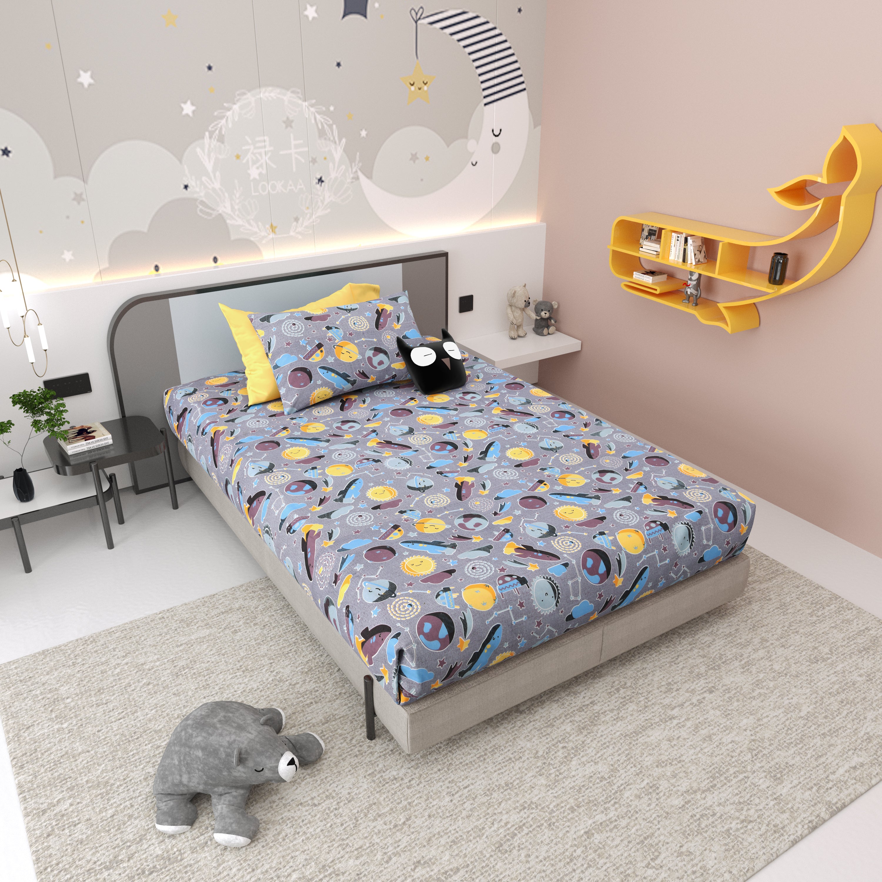 Space Explorers Pure Cotton Single Bedsheet Set of 2 - Stellar Grey