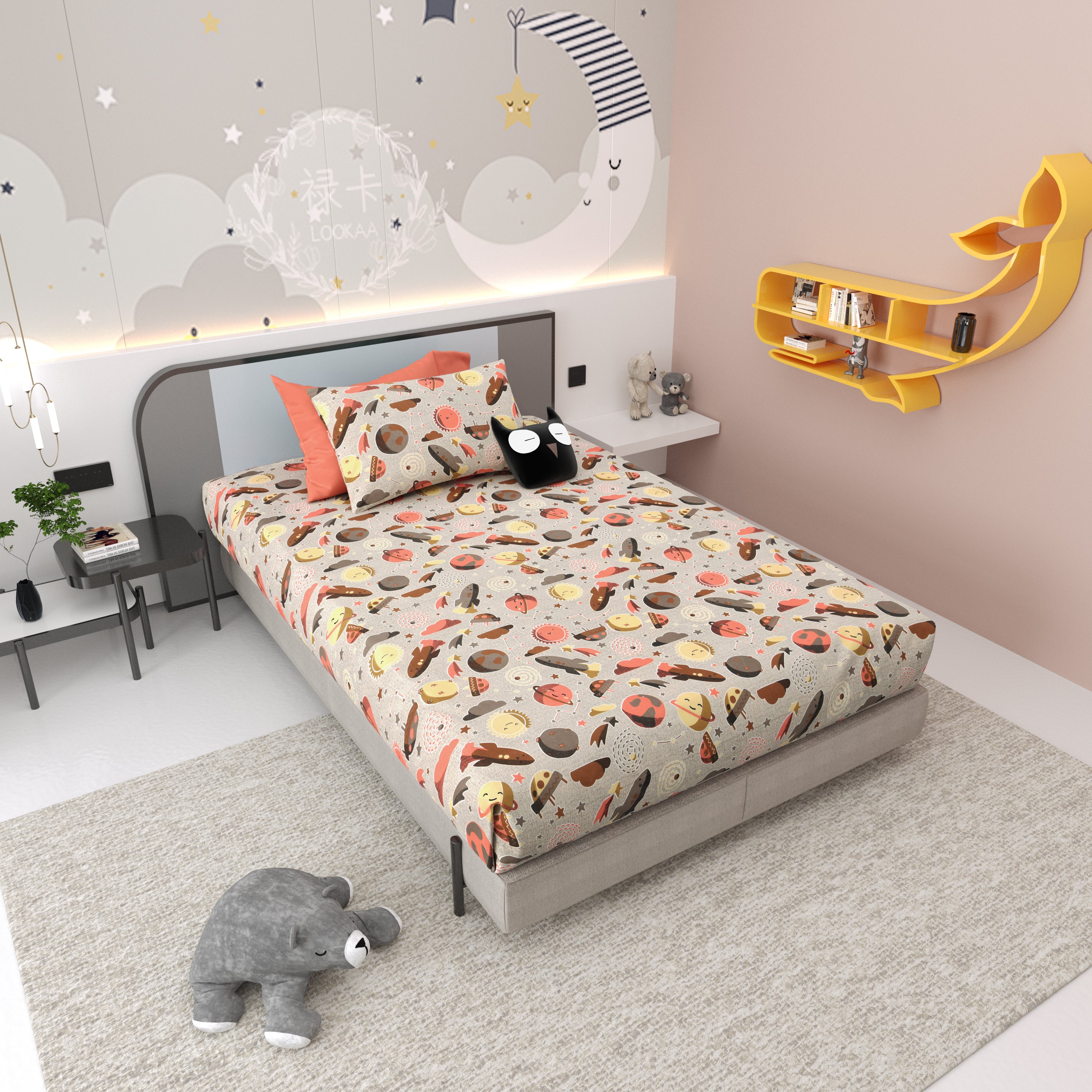 Space Explorers Pure Cotton Single Bedsheet Set of 2 - Slate Grey