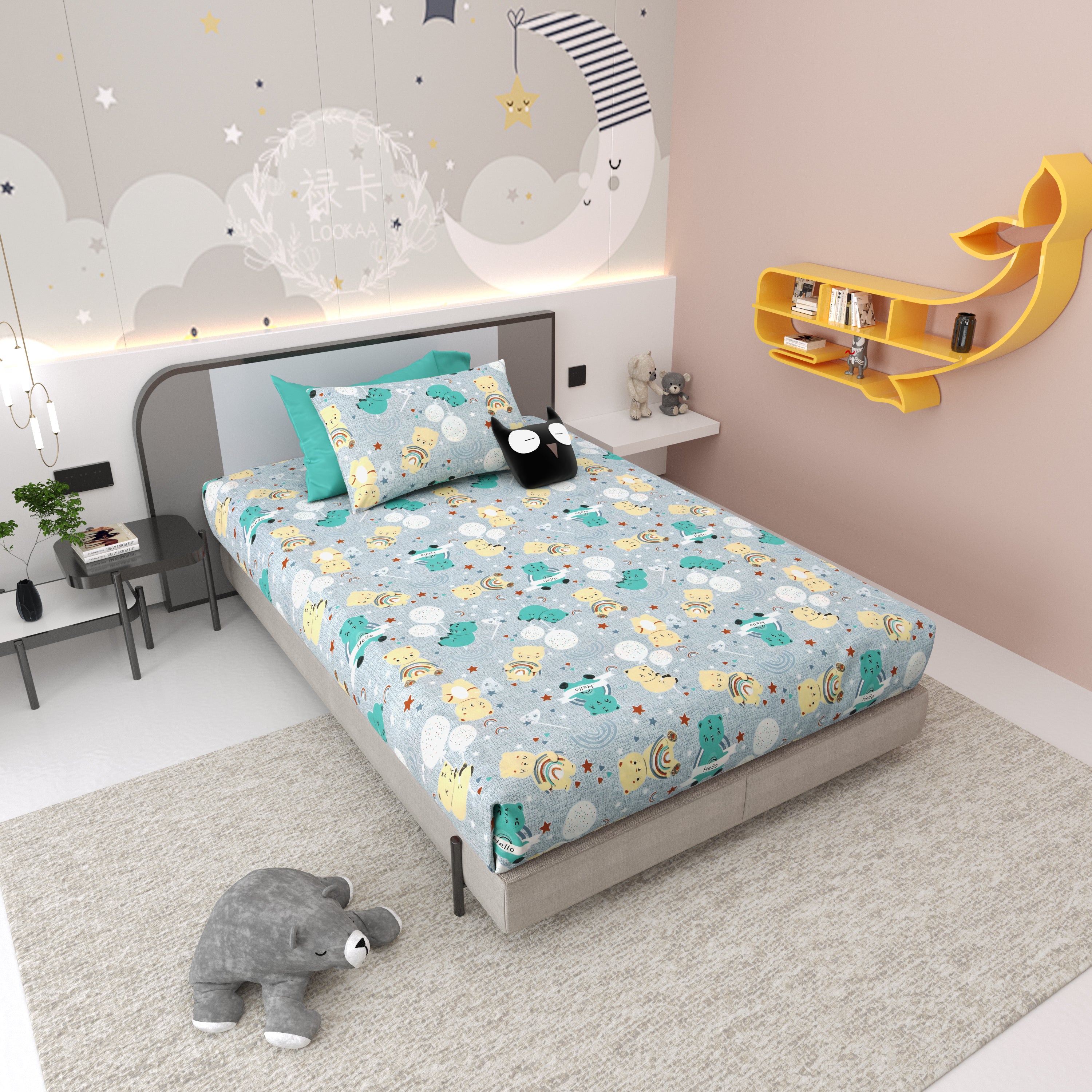 Moonlight Bear Hugs Kids Single Bedsheet Set of 2 - Light Grey