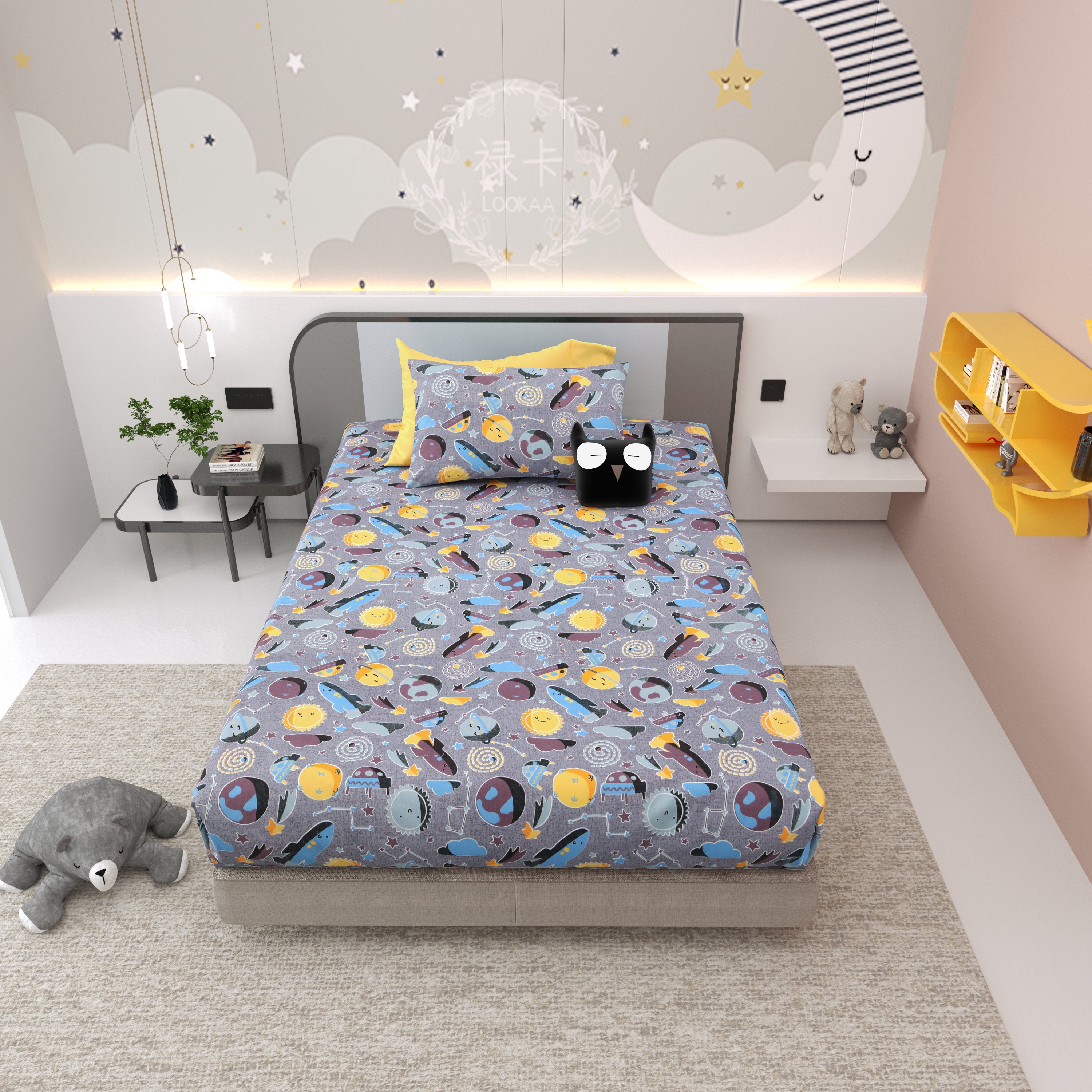 Space Explorers Pure Cotton Single Bedsheet Set of 2 - Stellar Grey