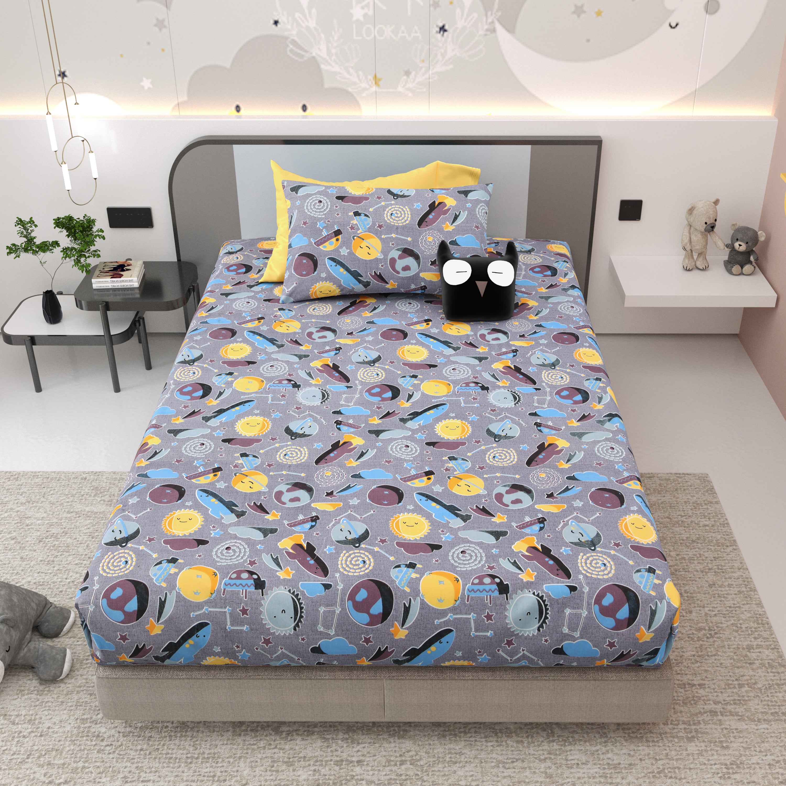 Space Explorers Pure Cotton Single Bedsheet Set of 2 - Stellar Grey