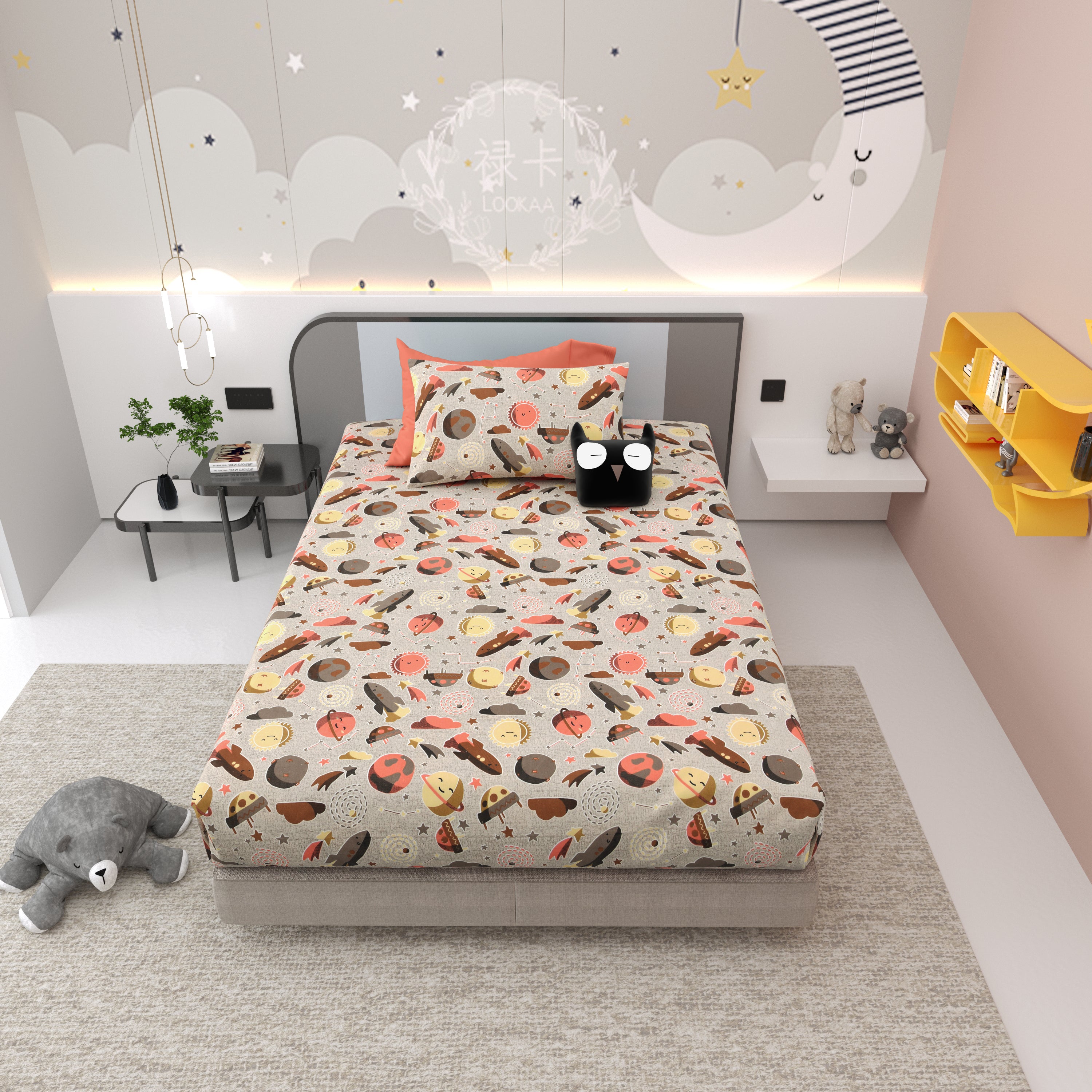 Space Explorers Pure Cotton Single Bedsheet Set of 2 - Slate Grey