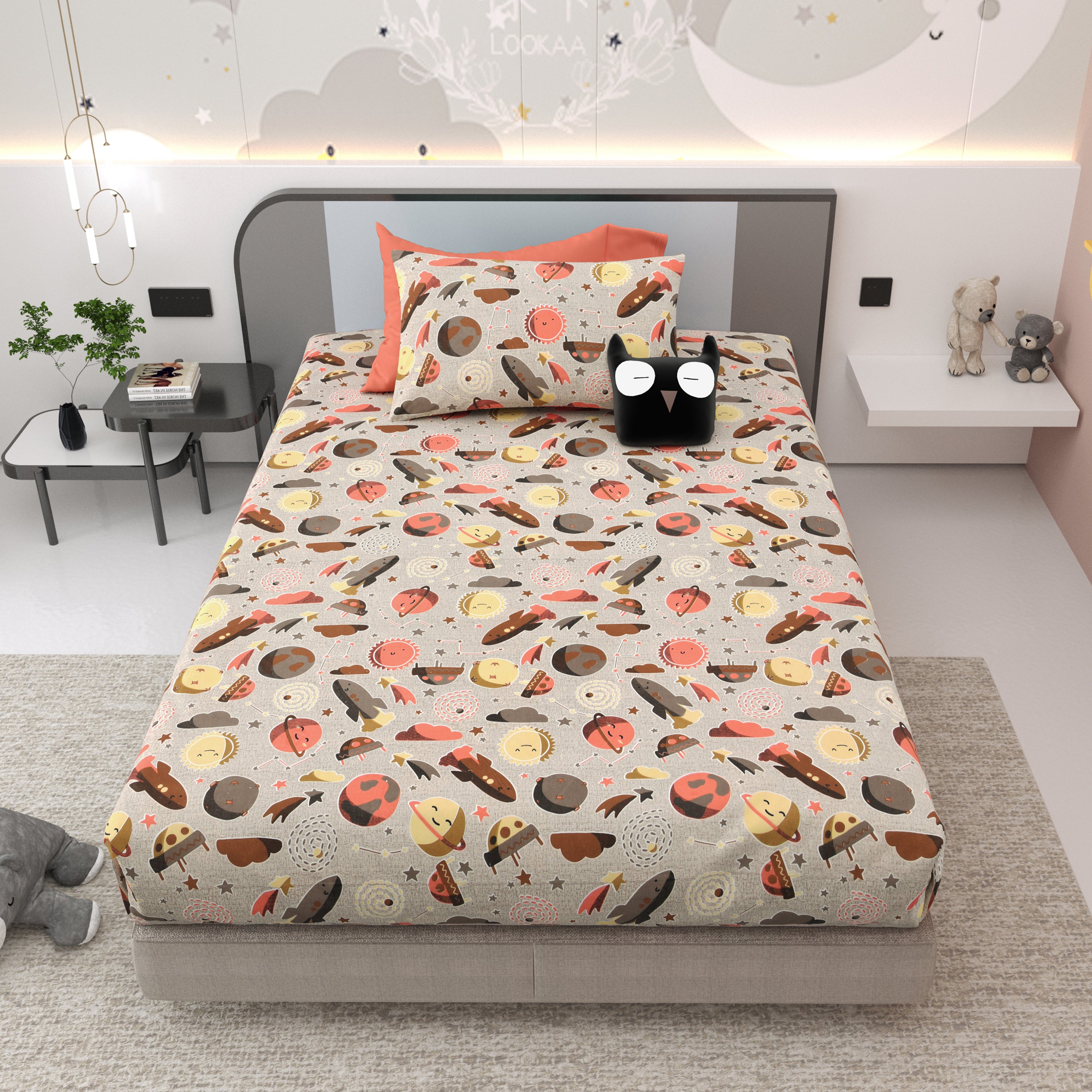 Space Explorers Pure Cotton Single Bedsheet Set of 2 - Slate Grey