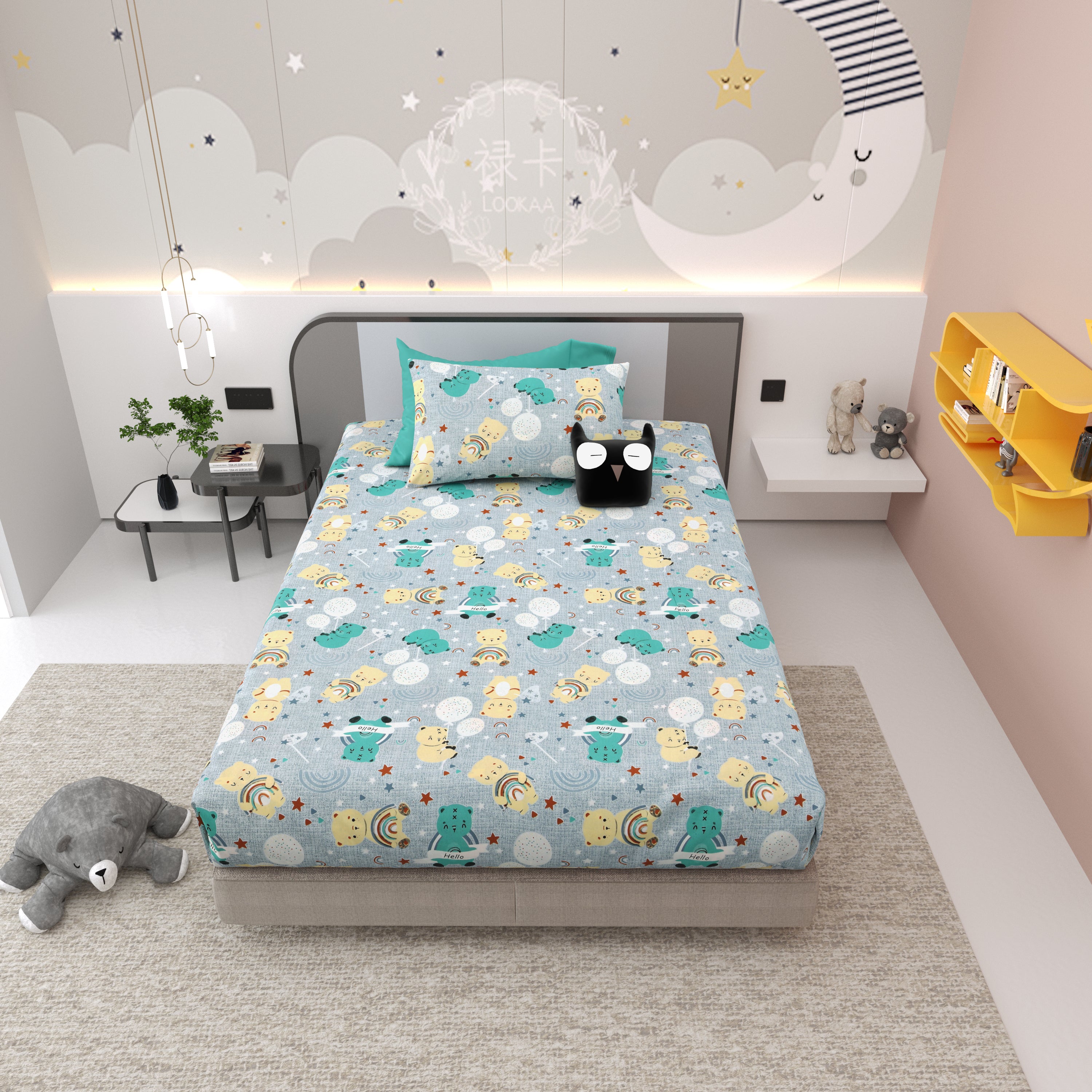 Moonlight Bear Hugs Kids Single Bedsheet Set of 2 - Light Grey
