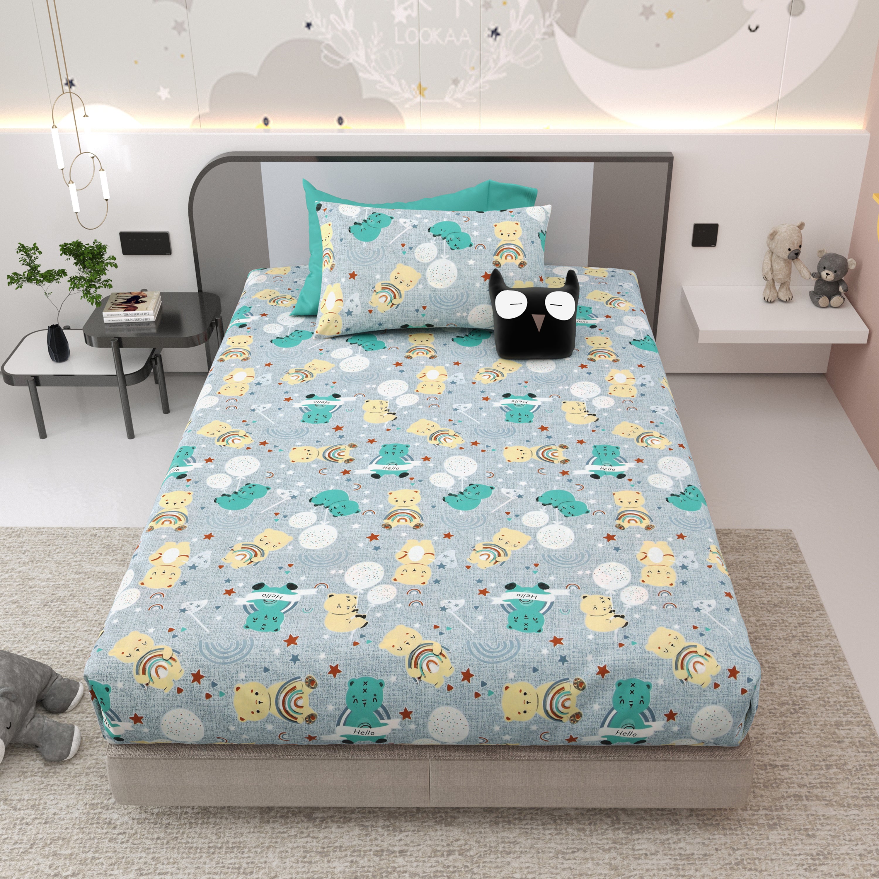Moonlight Bear Hugs Kids Single Bedsheet Set of 2 - Light Grey