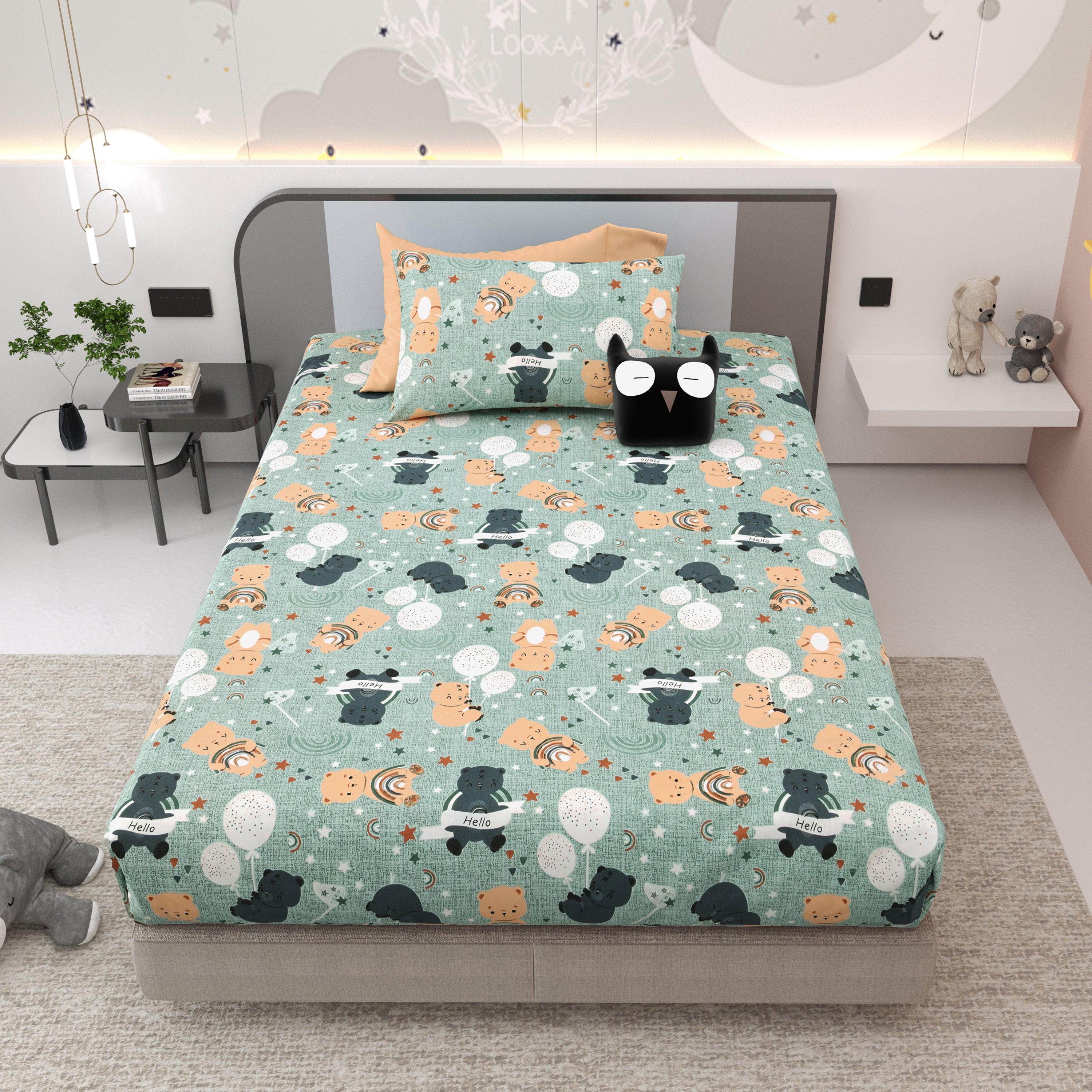 Moonlight Bear Hugs Kids Single Bedsheet Set of 2 - Light Green