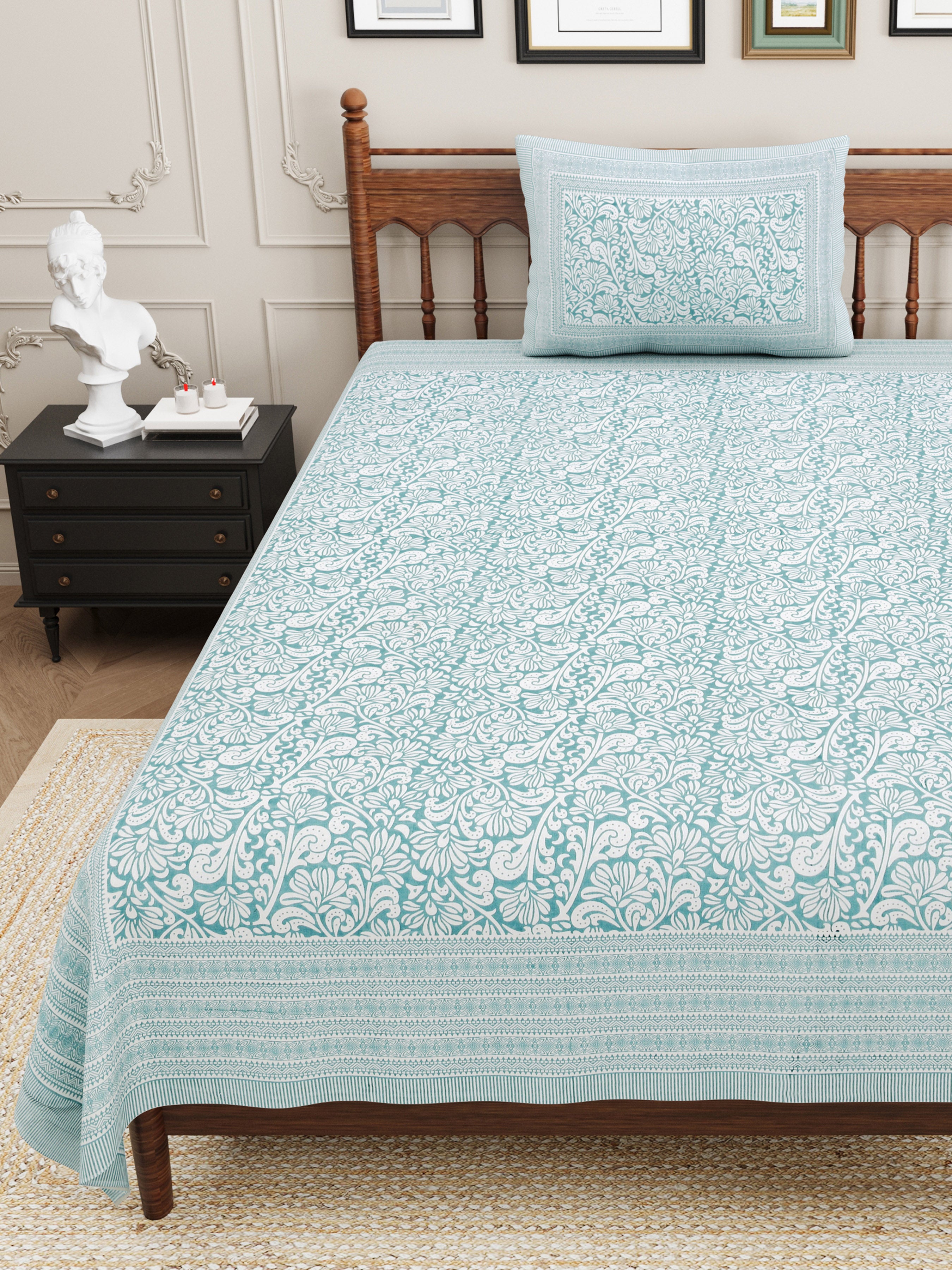 Paisley Block Printed Cotton Single Bedsheet- Green (Pack of 2)