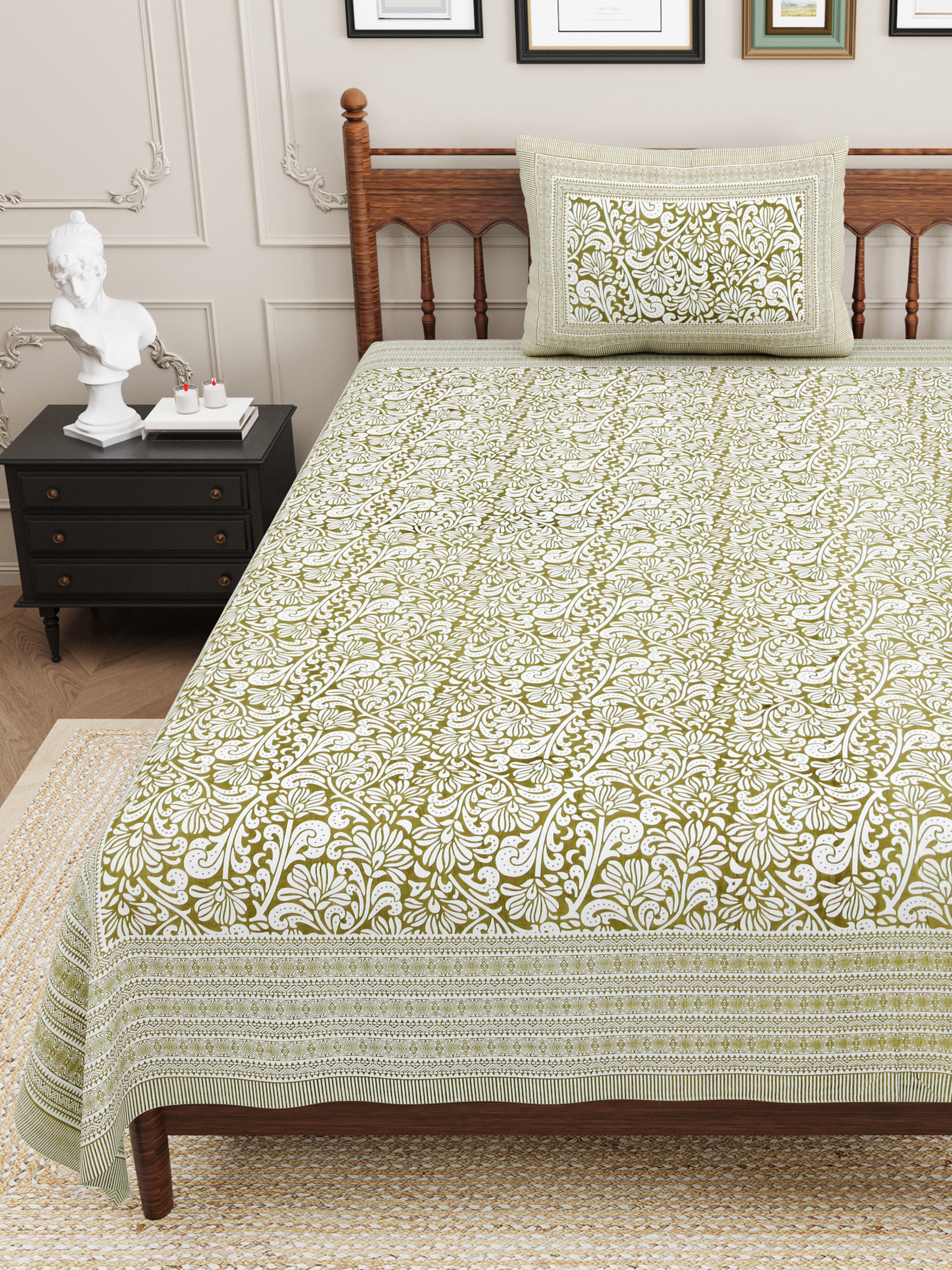 Paisley Block Printed Cotton Single Bedsheet- Olive Green (Pack of 2)
