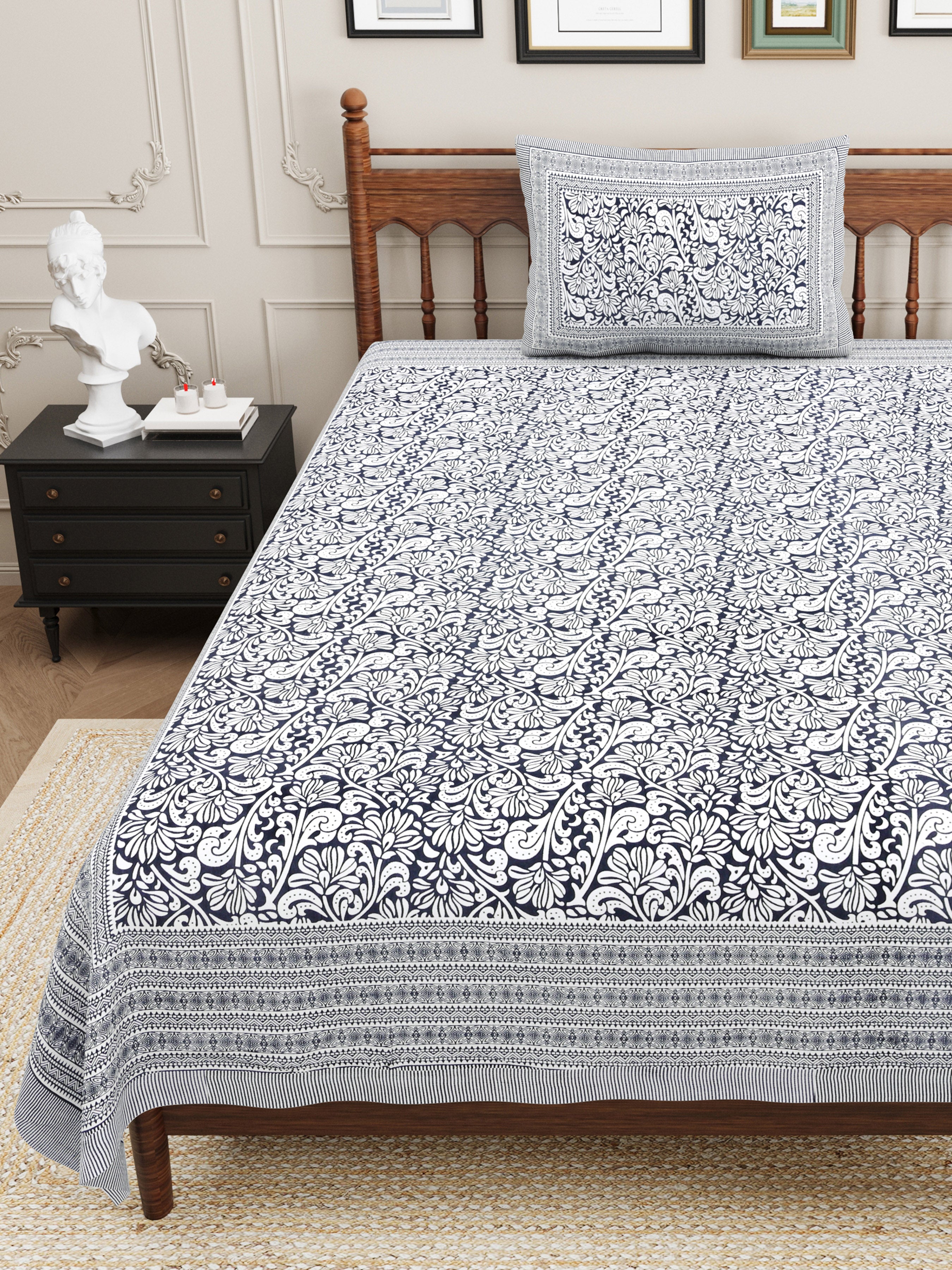 Paisley Block Printed Cotton Single Bedsheet- Black (Pack of 2)