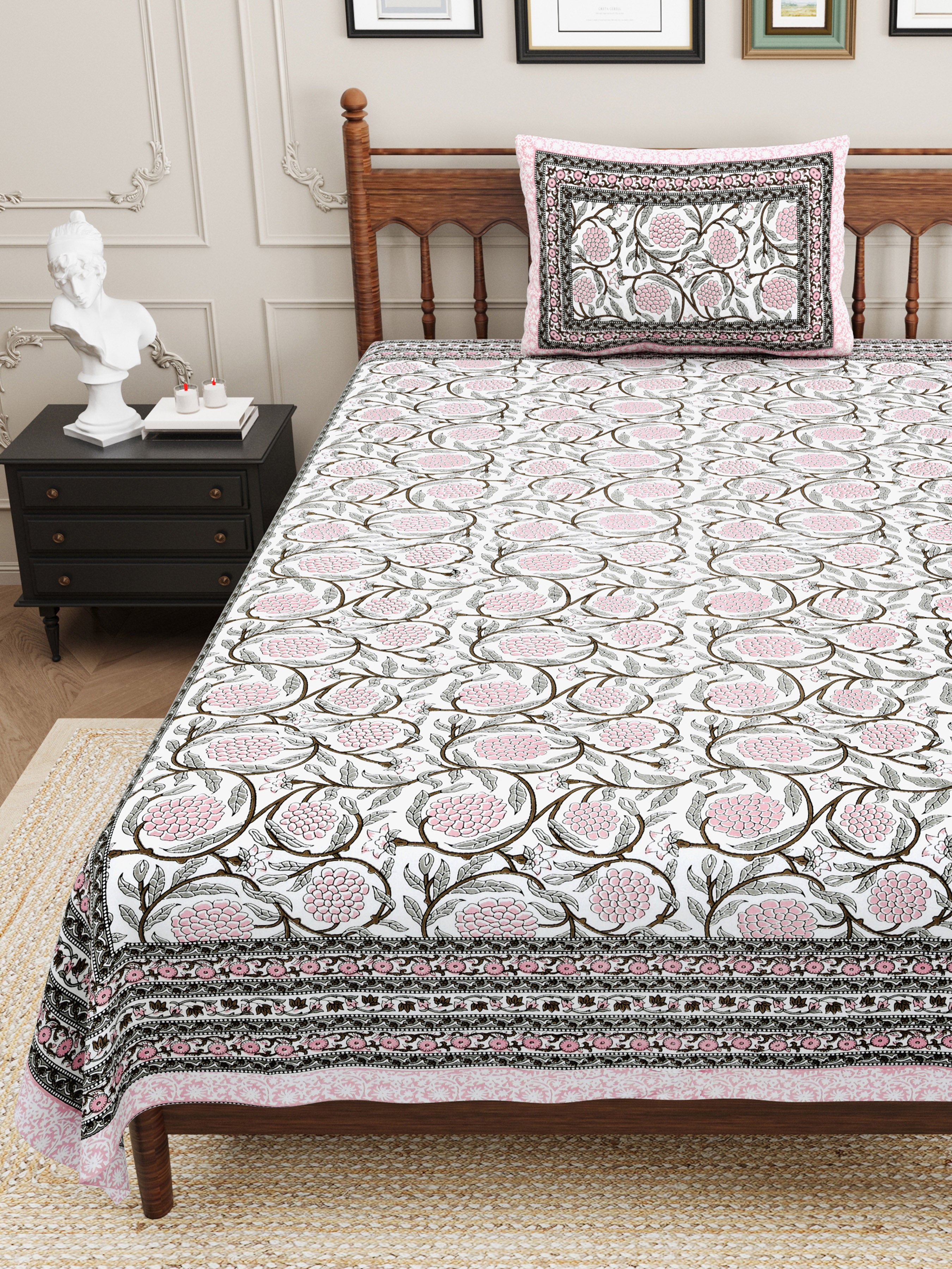 Pastel Floral Cotton Single Bedsheet- Pastel Pink (Pack of 2)