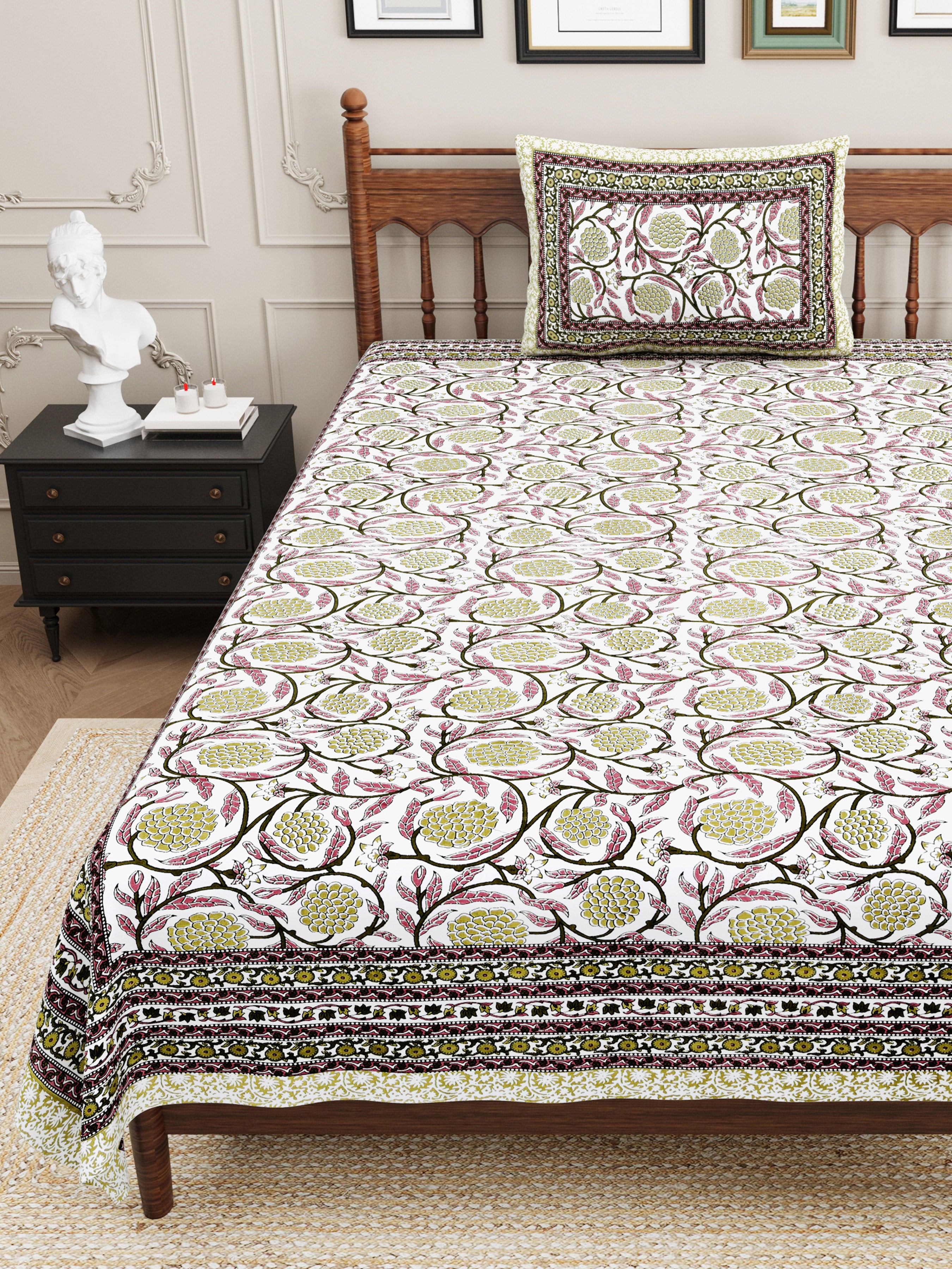Pastel Floral Cotton Single Bedsheet- Moss Green (Pack of 2)