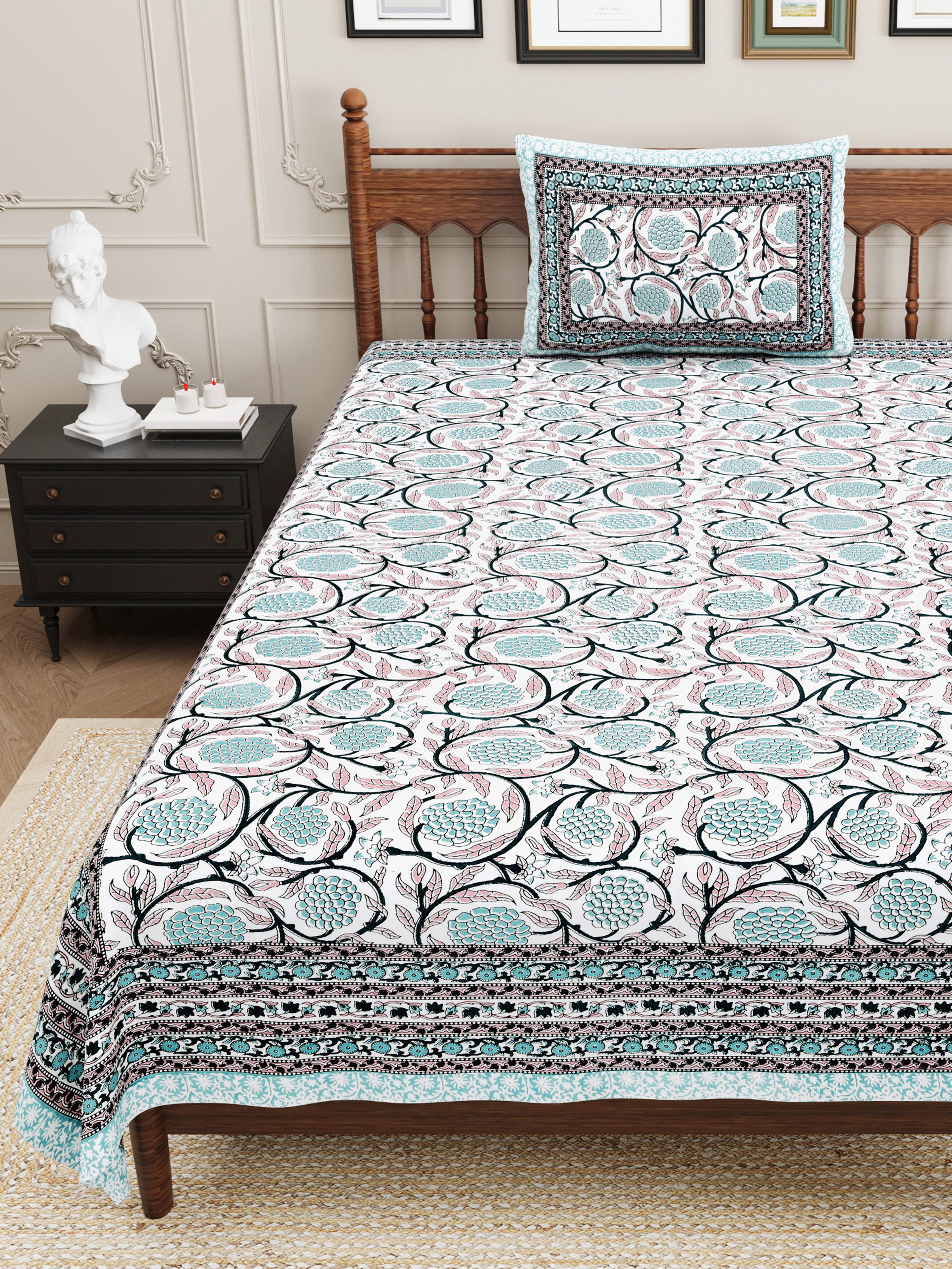 Pastel Floral Cotton Single Bedsheet- Aqua Blue (Pack of 2)