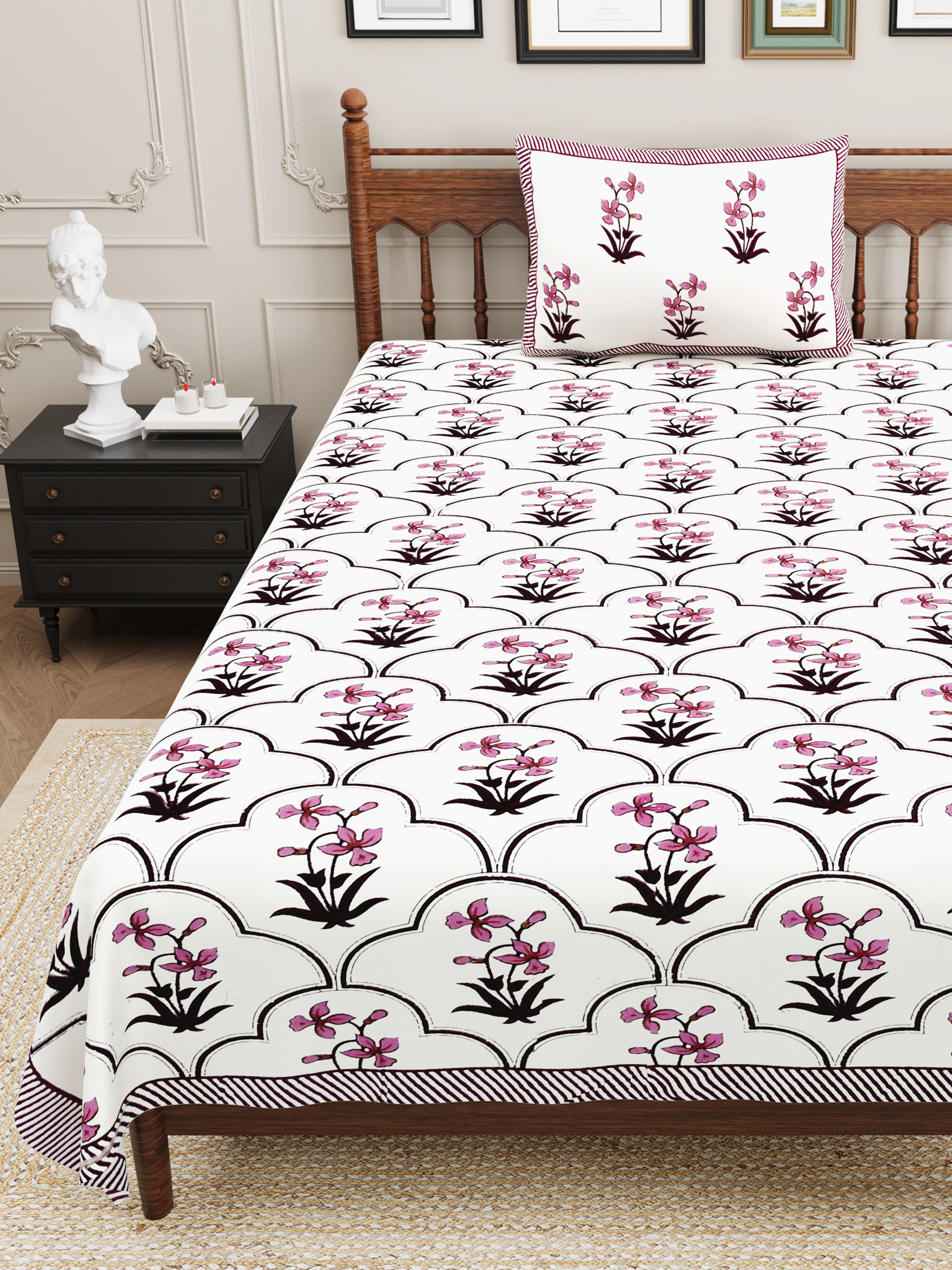Block Printed Cotton Single Bedsheet- Pink (Pack of 2)