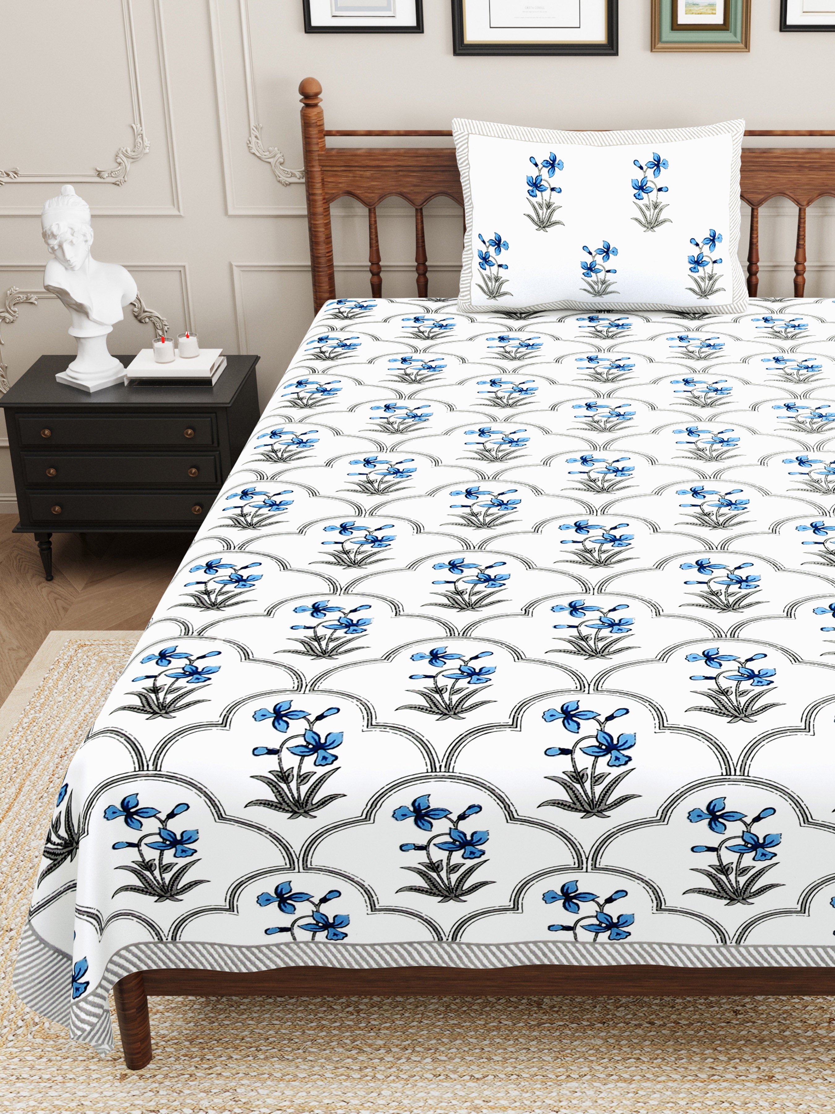 Block Printed Cotton Single Bedsheet- Sky Blue (Pack of 2)