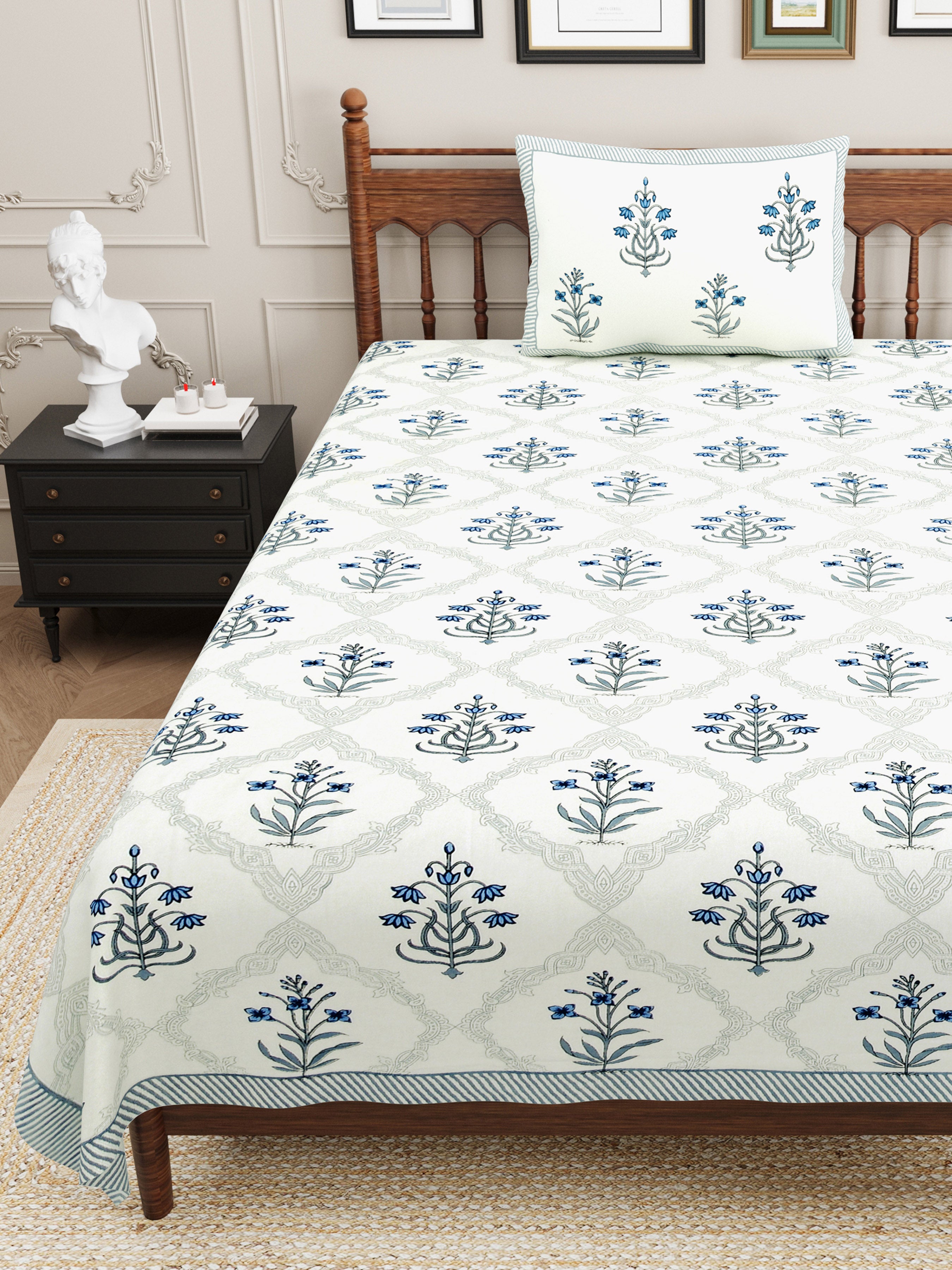 Block Printed Cotton Single Bedsheet- Blue (Pack of 2)