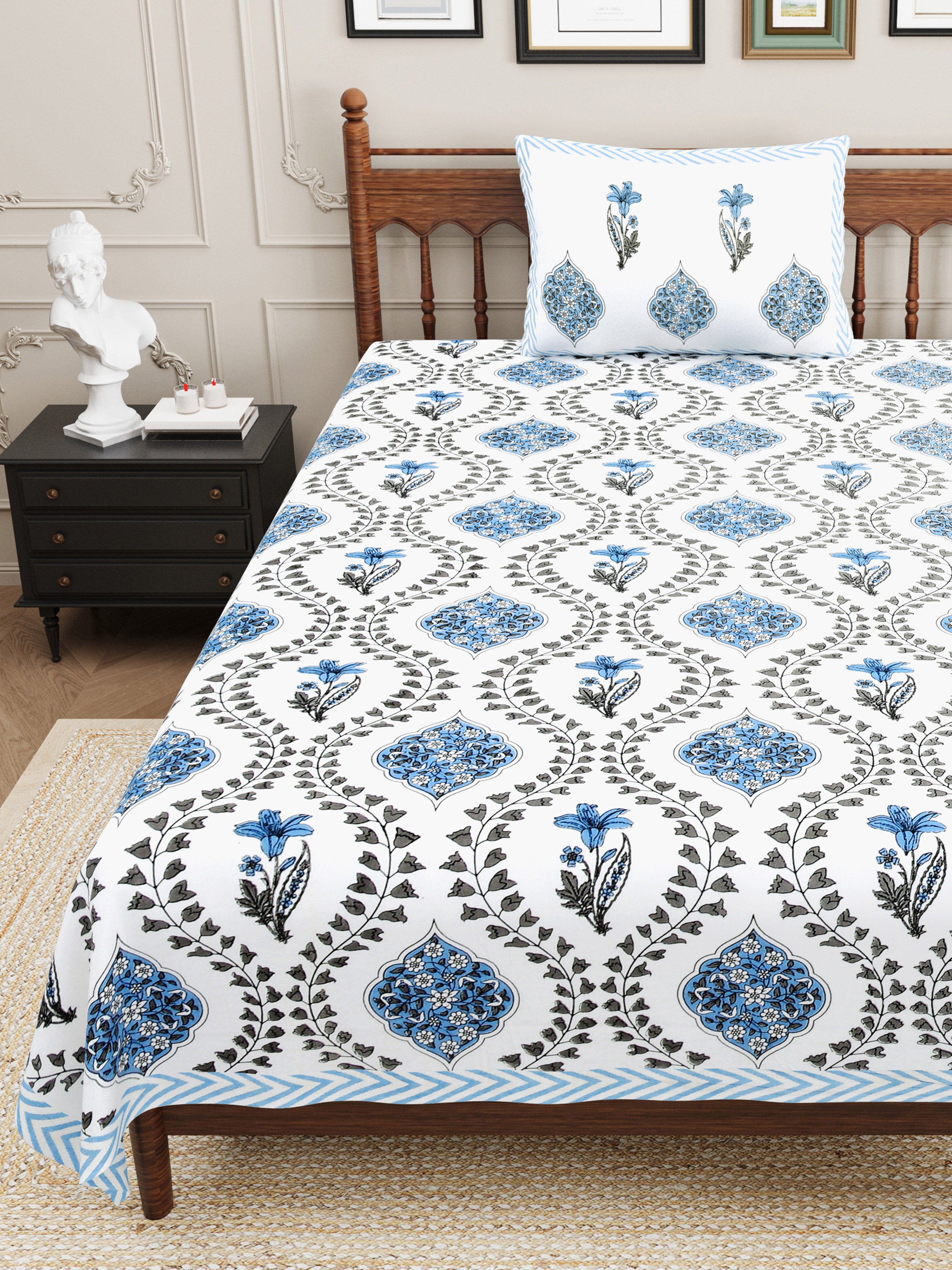 Butta Block Printed Cotton Single Bedsheet- Blue (Pack of 2)