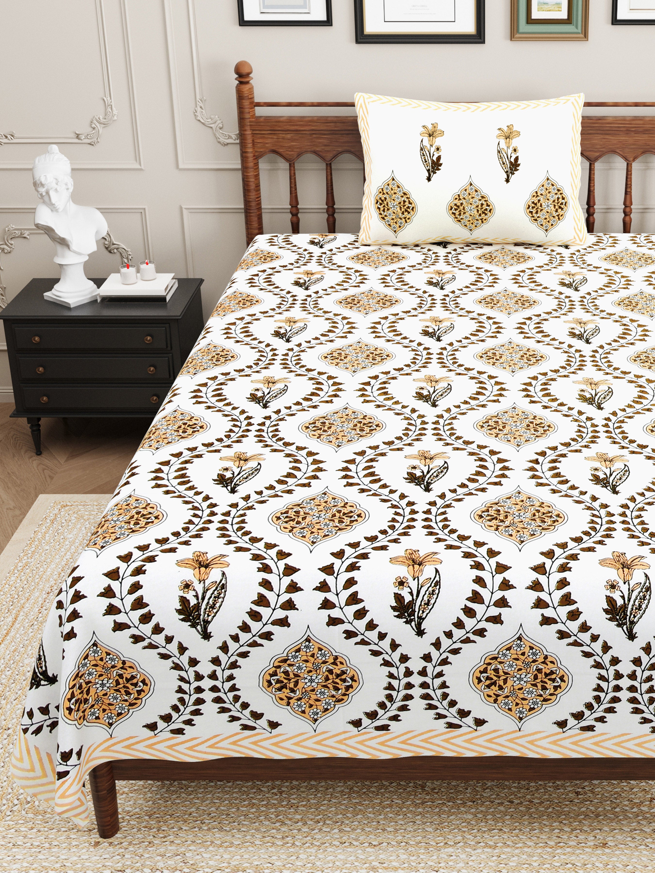 Butta Block Printed Cotton Single Bedsheet- White & Yellow (Pack of 2)