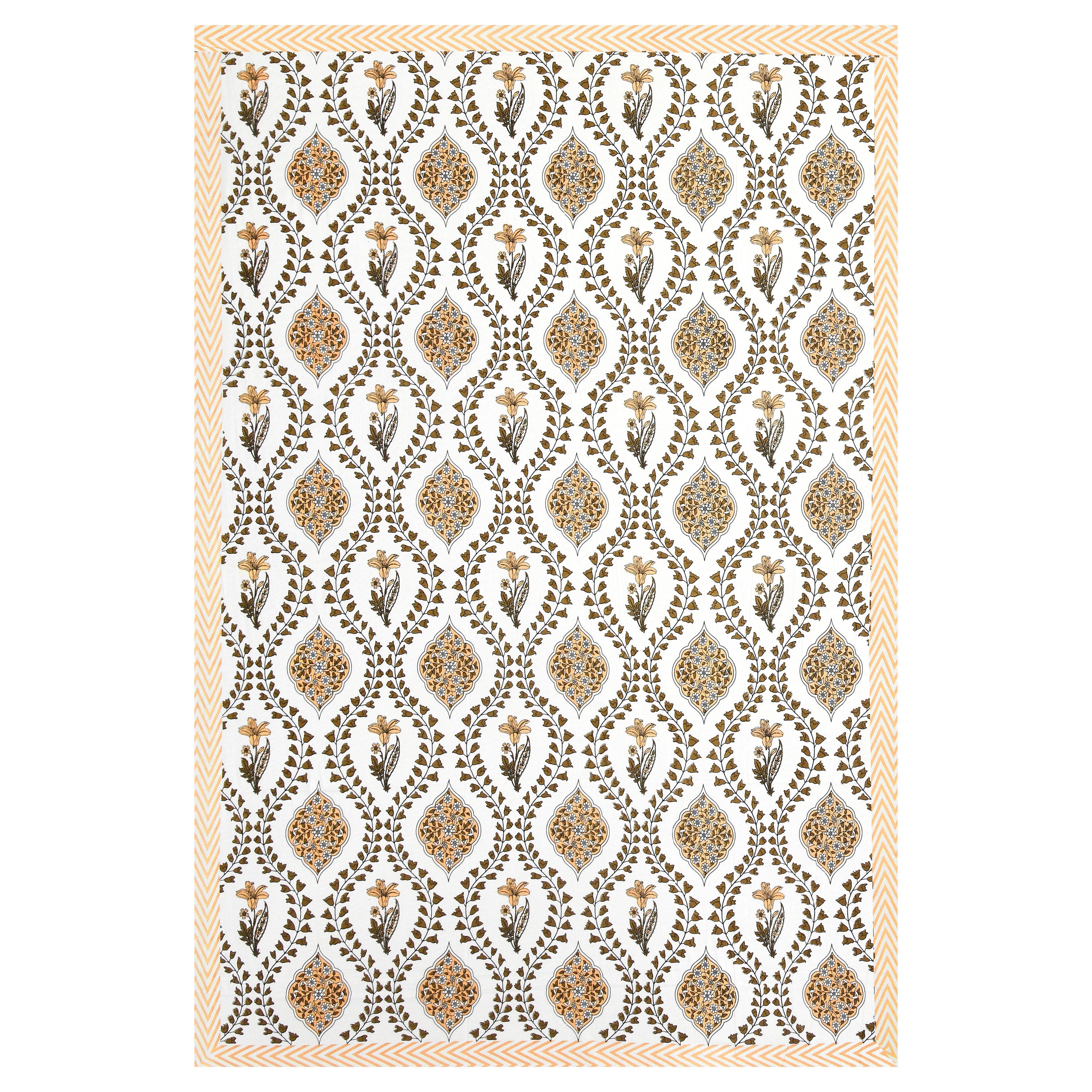 Butta Block Printed Cotton Single Bedsheet- White & Yellow (Pack of 2)