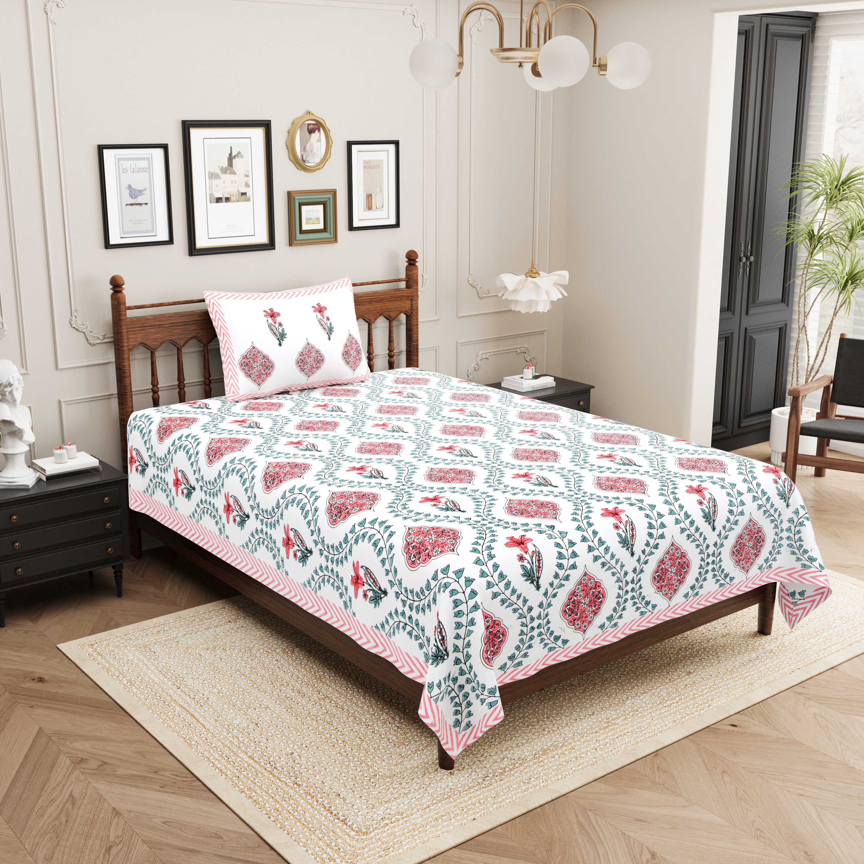 Butta Block Printed Cotton Single Bedsheet- Pink (Pack of 2)