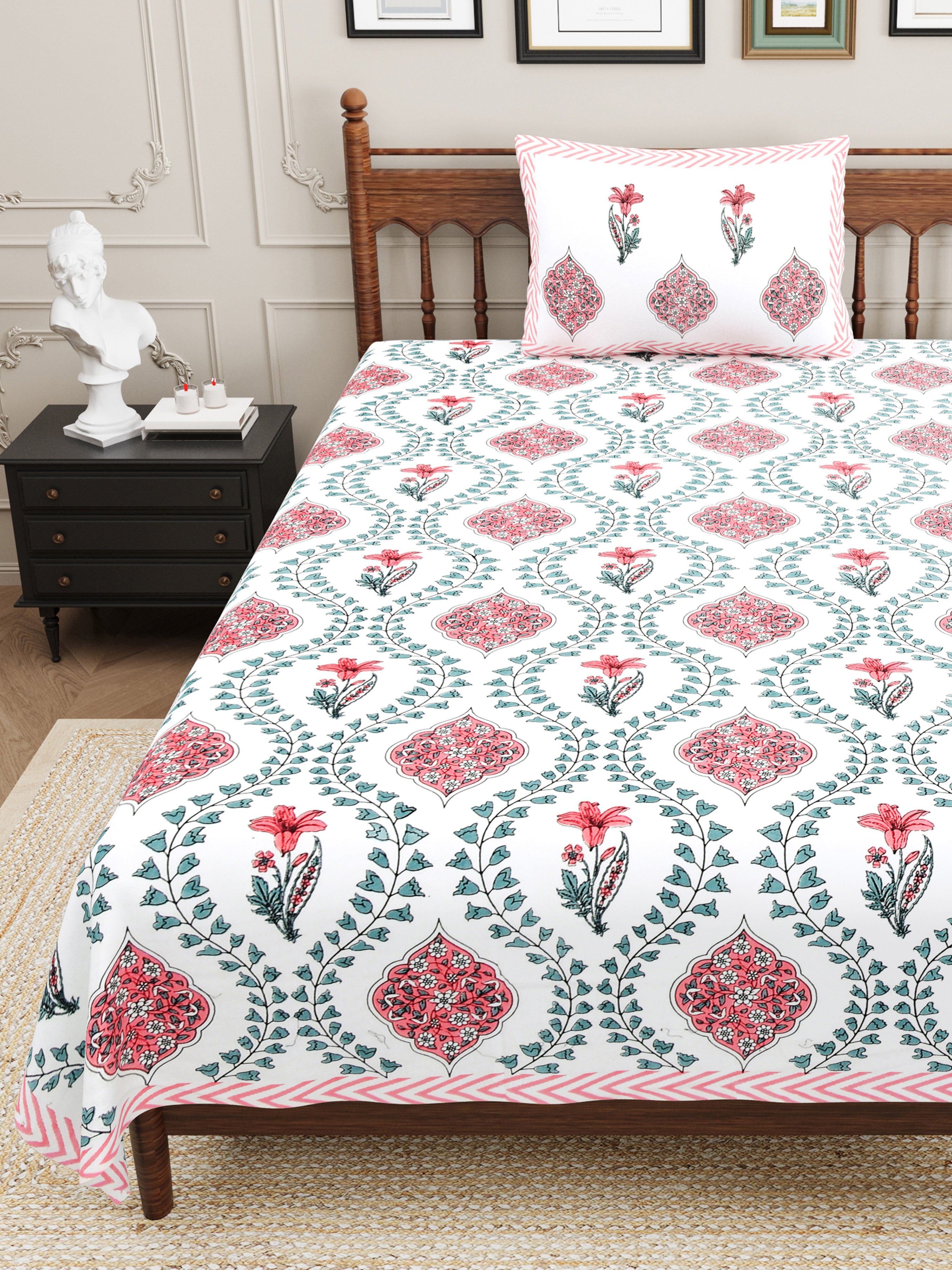 Butta Block Printed Cotton Single Bedsheet- Pink (Pack of 2)