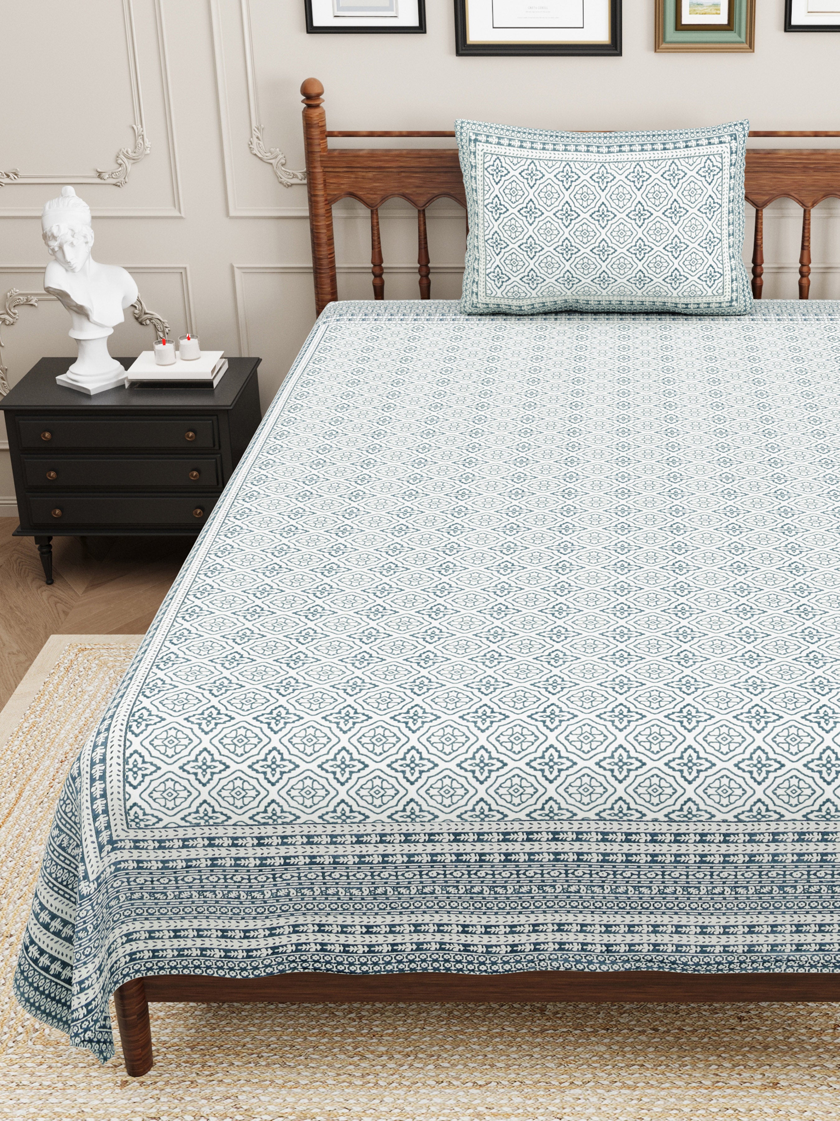 Square Printed Single Cotton Bedsheet- Grey (Pack of 2)