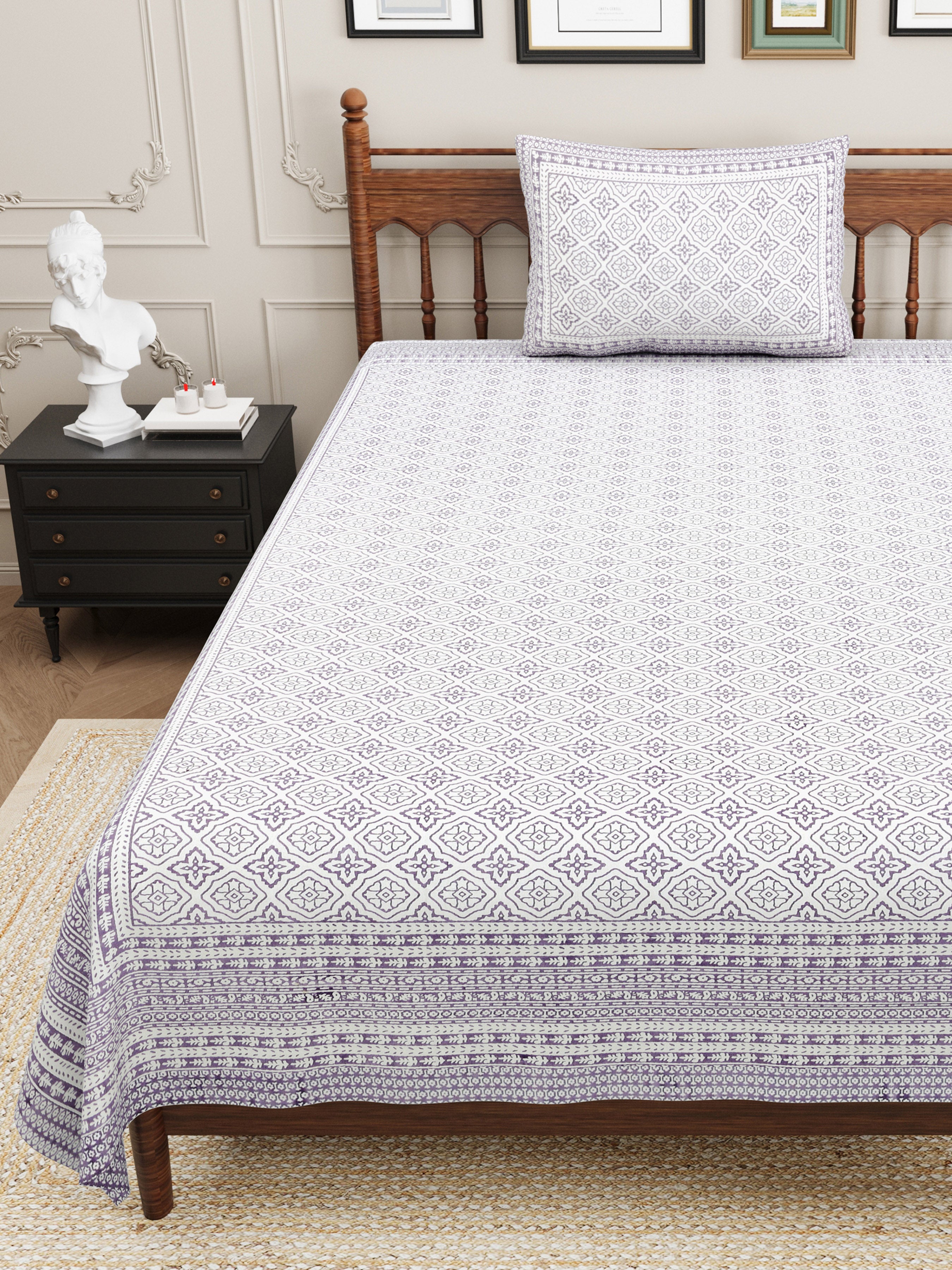 Square Printed Cotton Single Bedsheet- Lavender (Pack of 2)