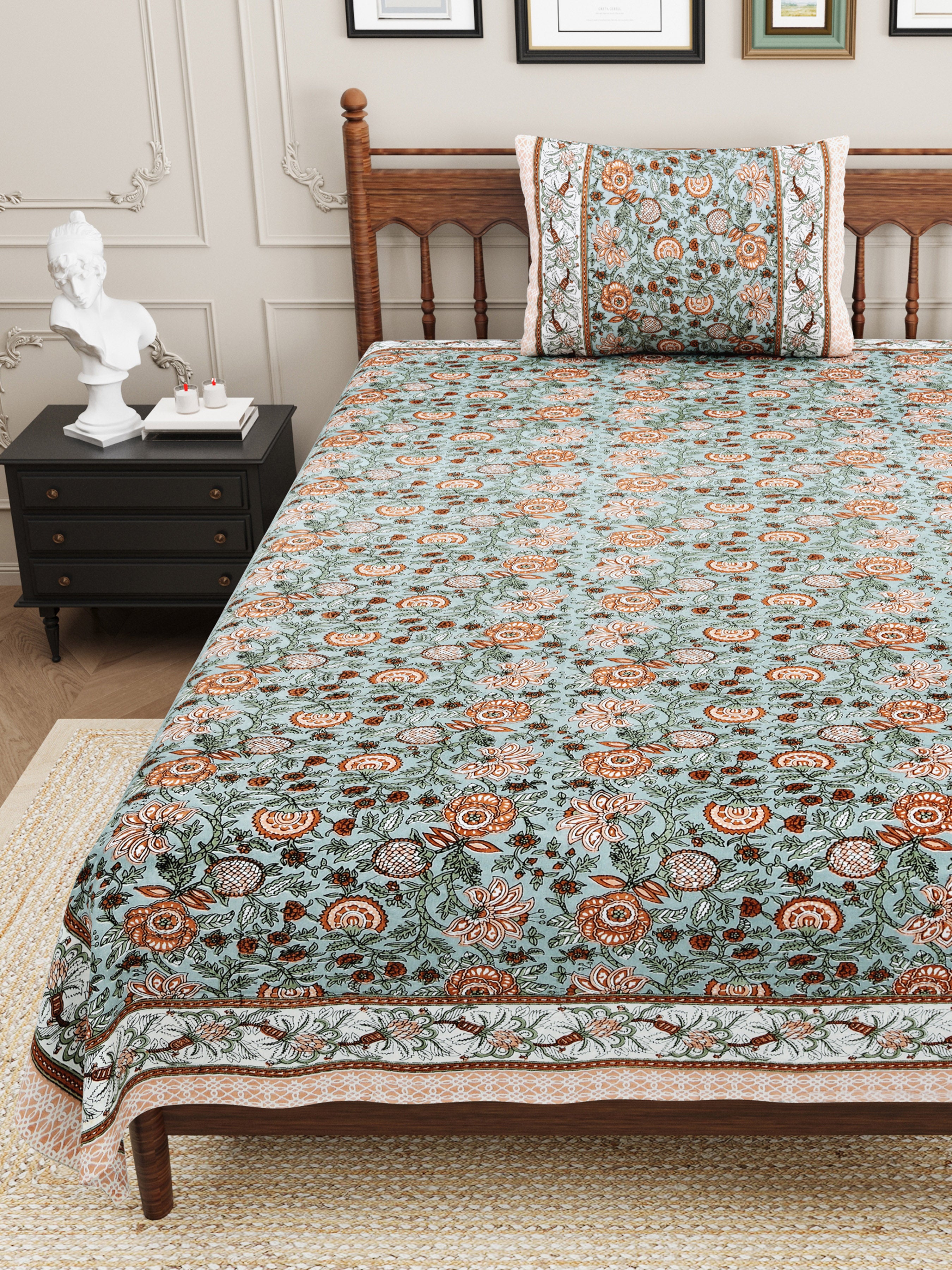 Vintage Botanical Printed Single Bedsheet- Sage Green (Pack of 2)