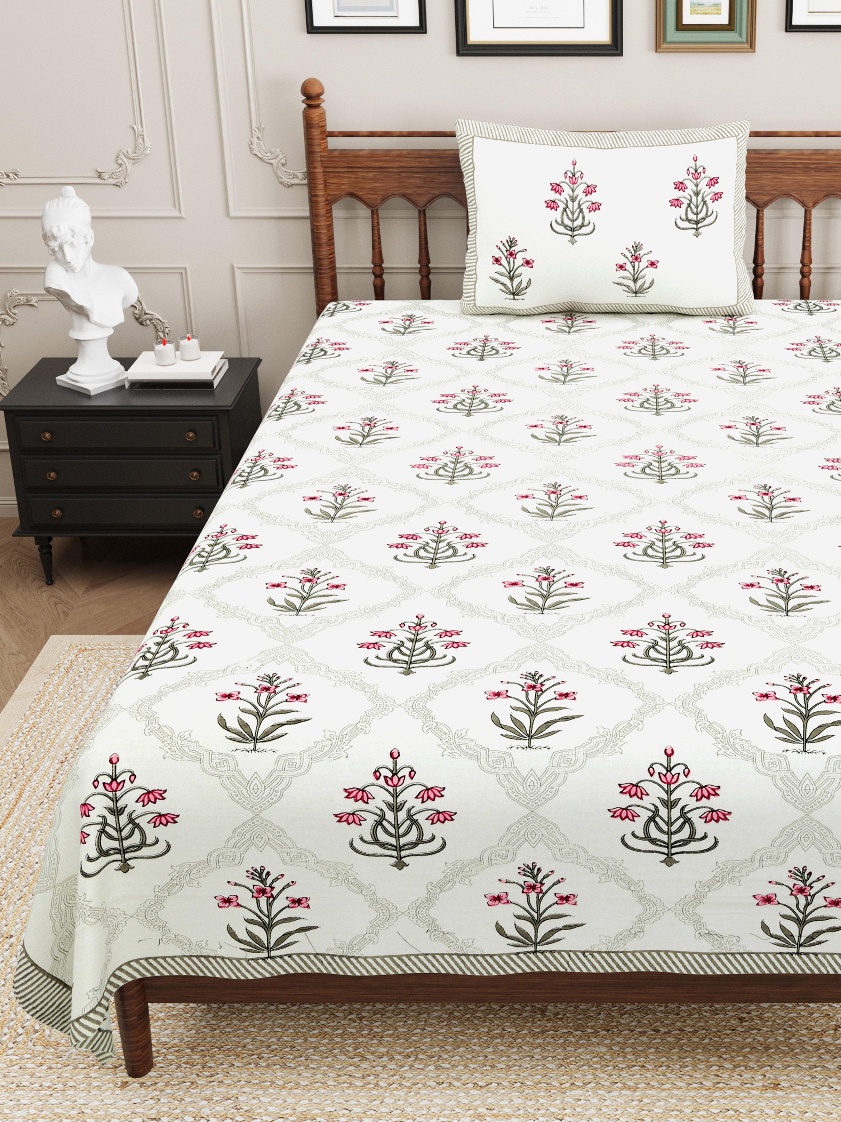 Block Printed Cotton Single Bedsheet- Grey & Pink (Pack of 2)