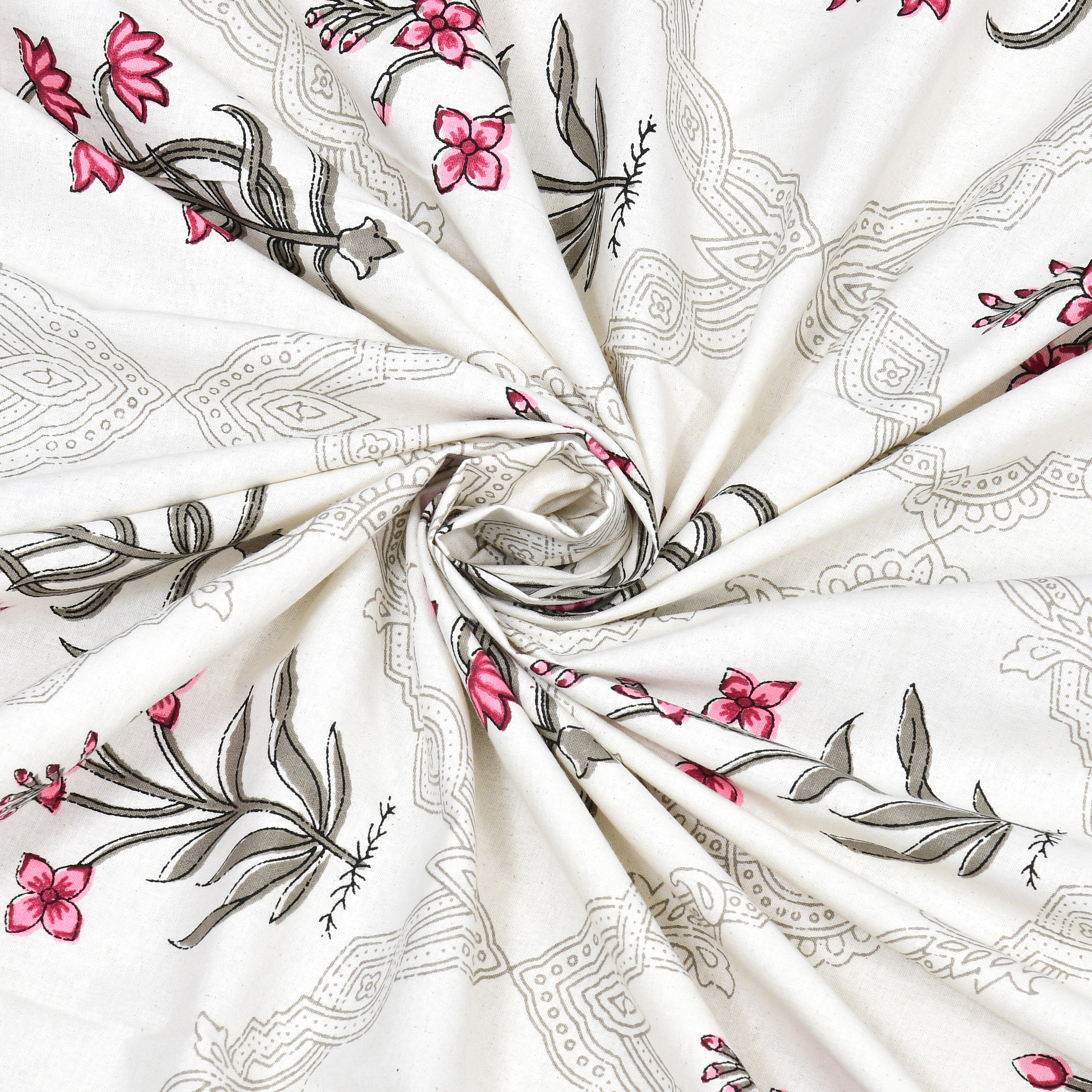Block Printed Cotton Single Bedsheet- Grey & Pink (Pack of 2)