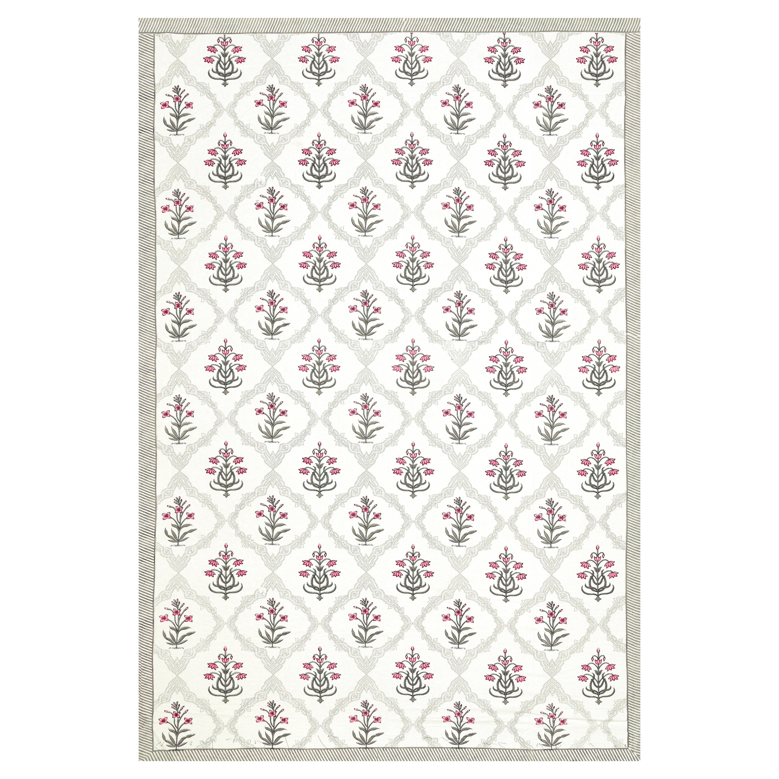 Block Printed Cotton Single Bedsheet- Grey & Pink (Pack of 2)
