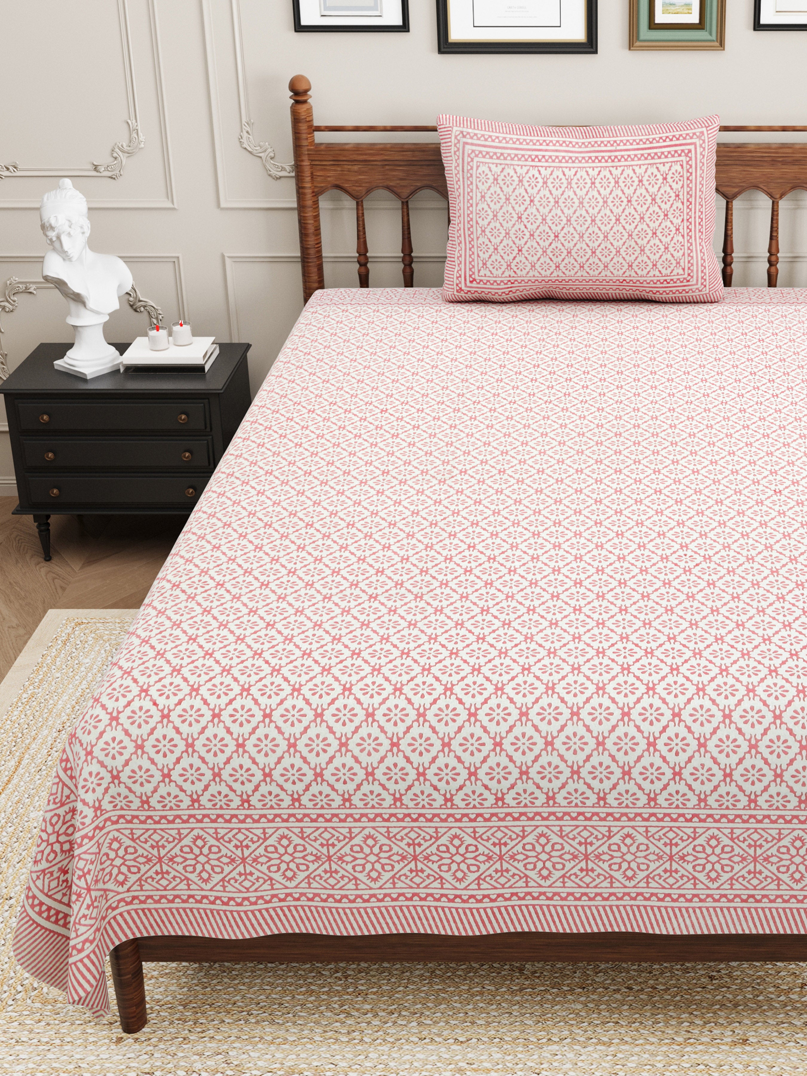Basic Floral Cotton Single Bedsheet- Baby Pink (Pack of 2)