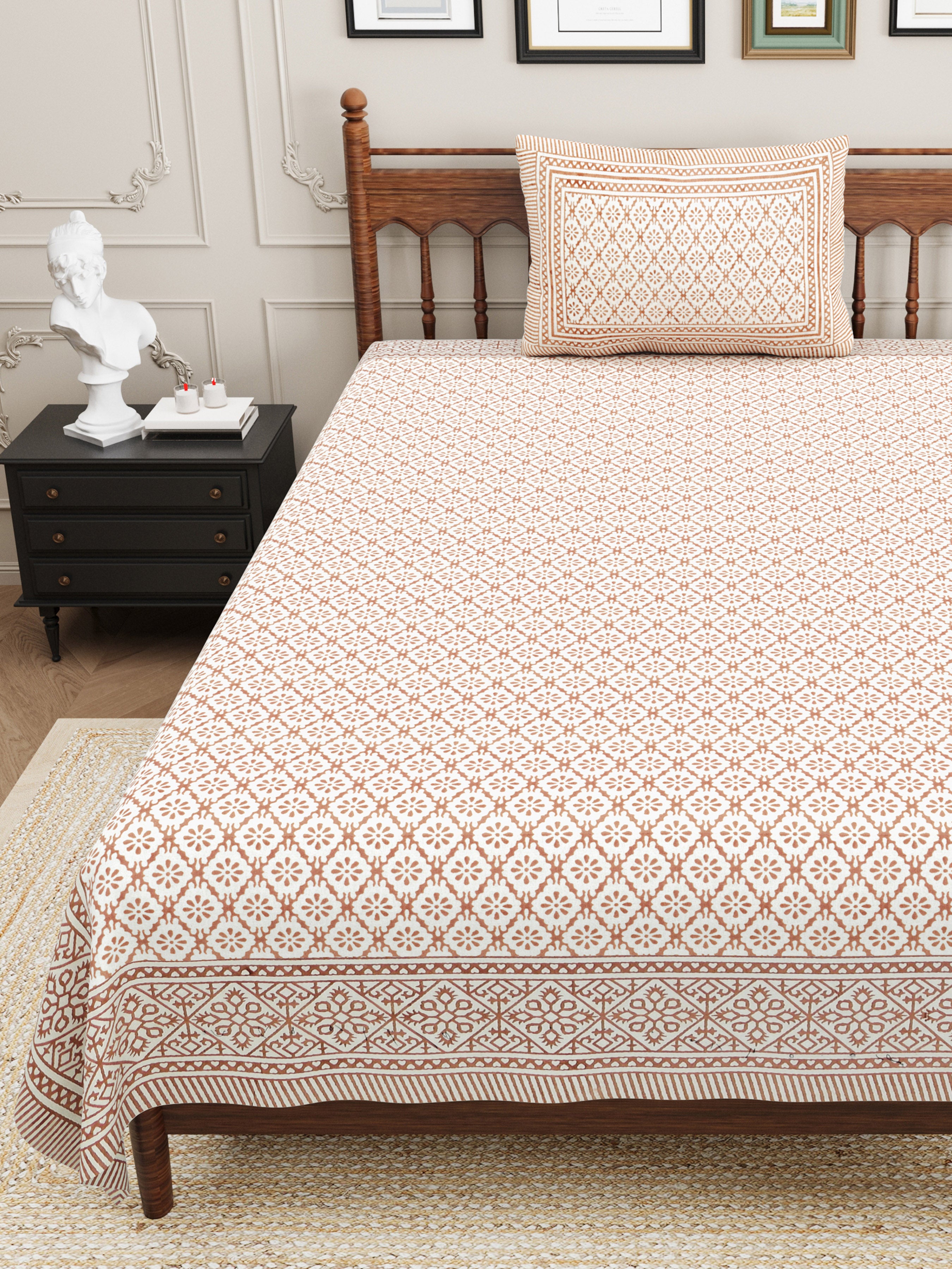 Basic Floral Cotton Single Bedsheet- Beige (Pack of 2)