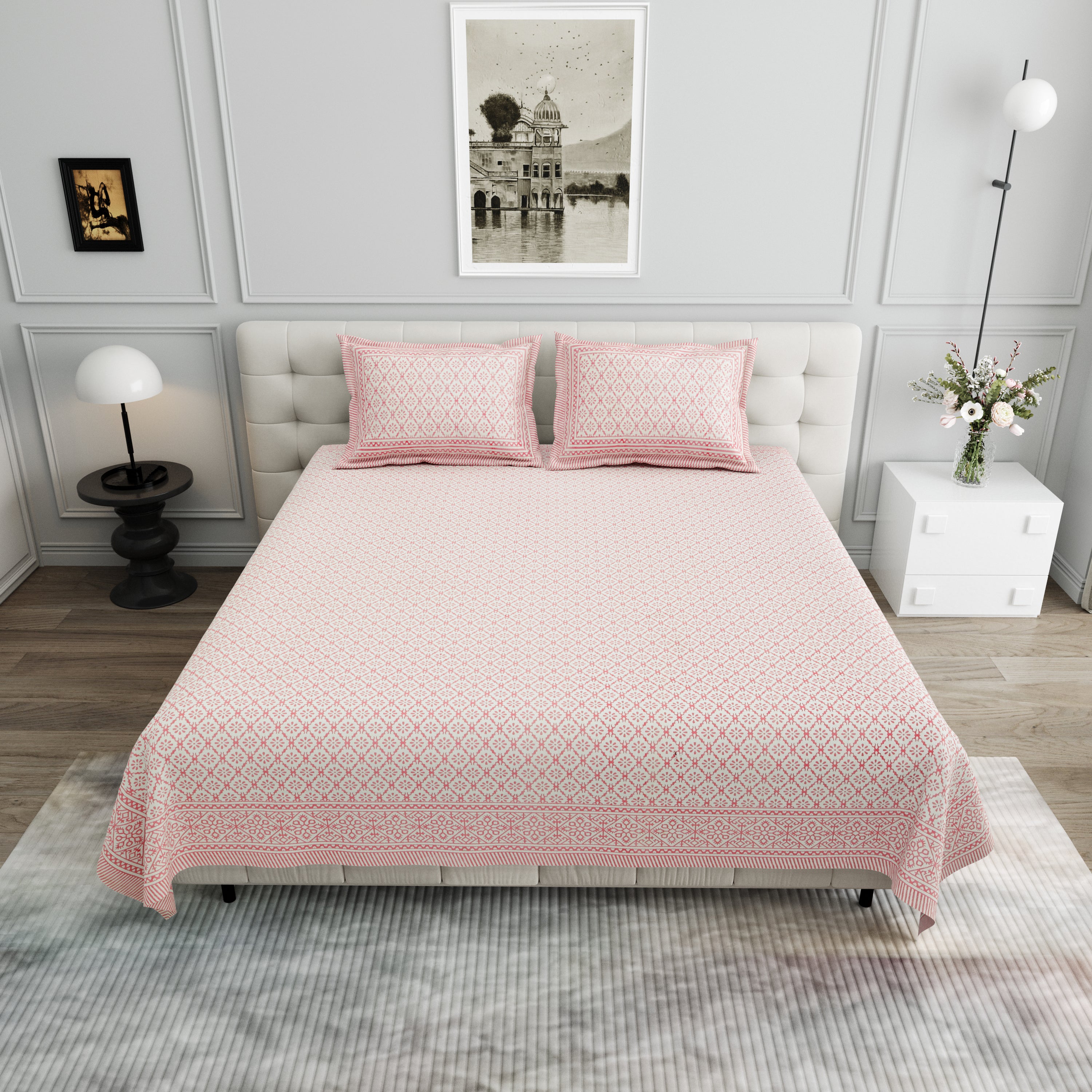 Basic Floral Cotton King Size Bedsheet- Baby Pink
