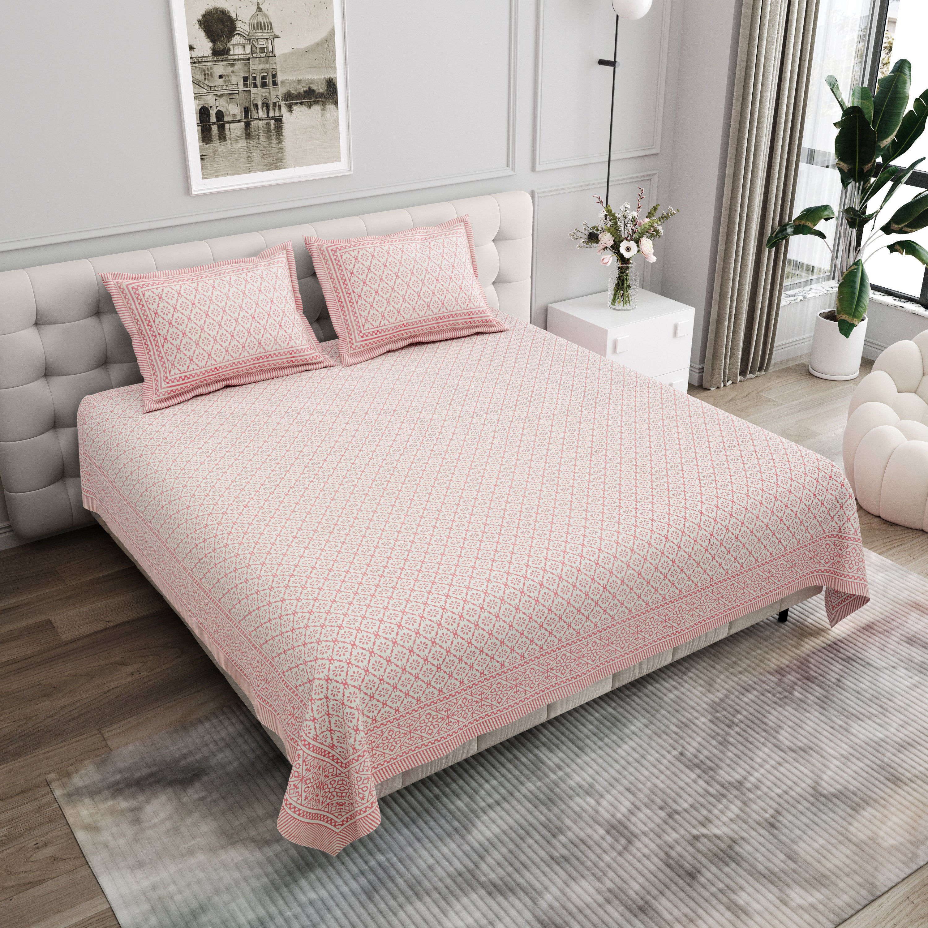 Basic Floral Cotton King Size Bedsheet- Baby Pink