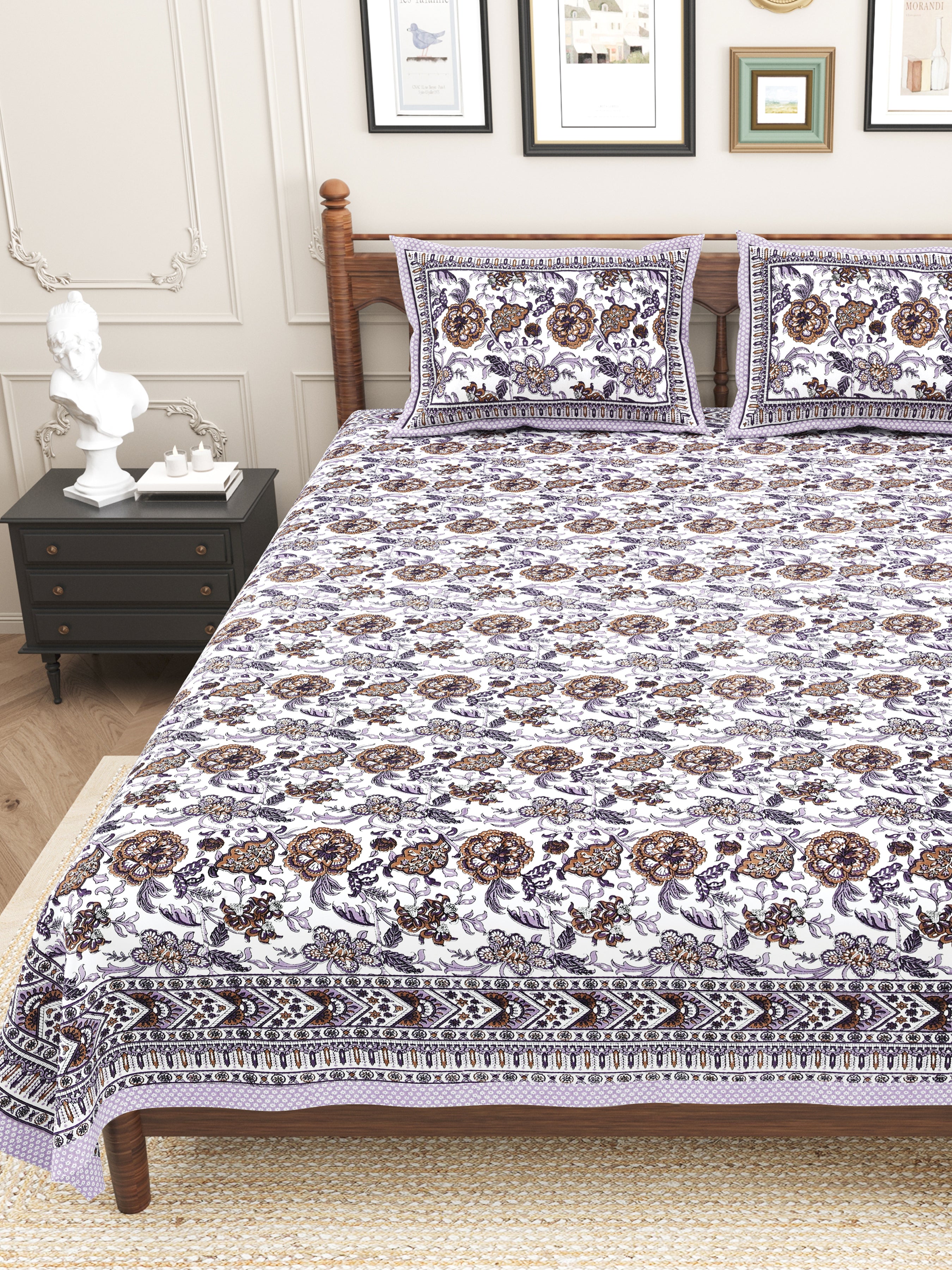 Floral Printed Pure Cotton Bedsheet - Lavender and White
