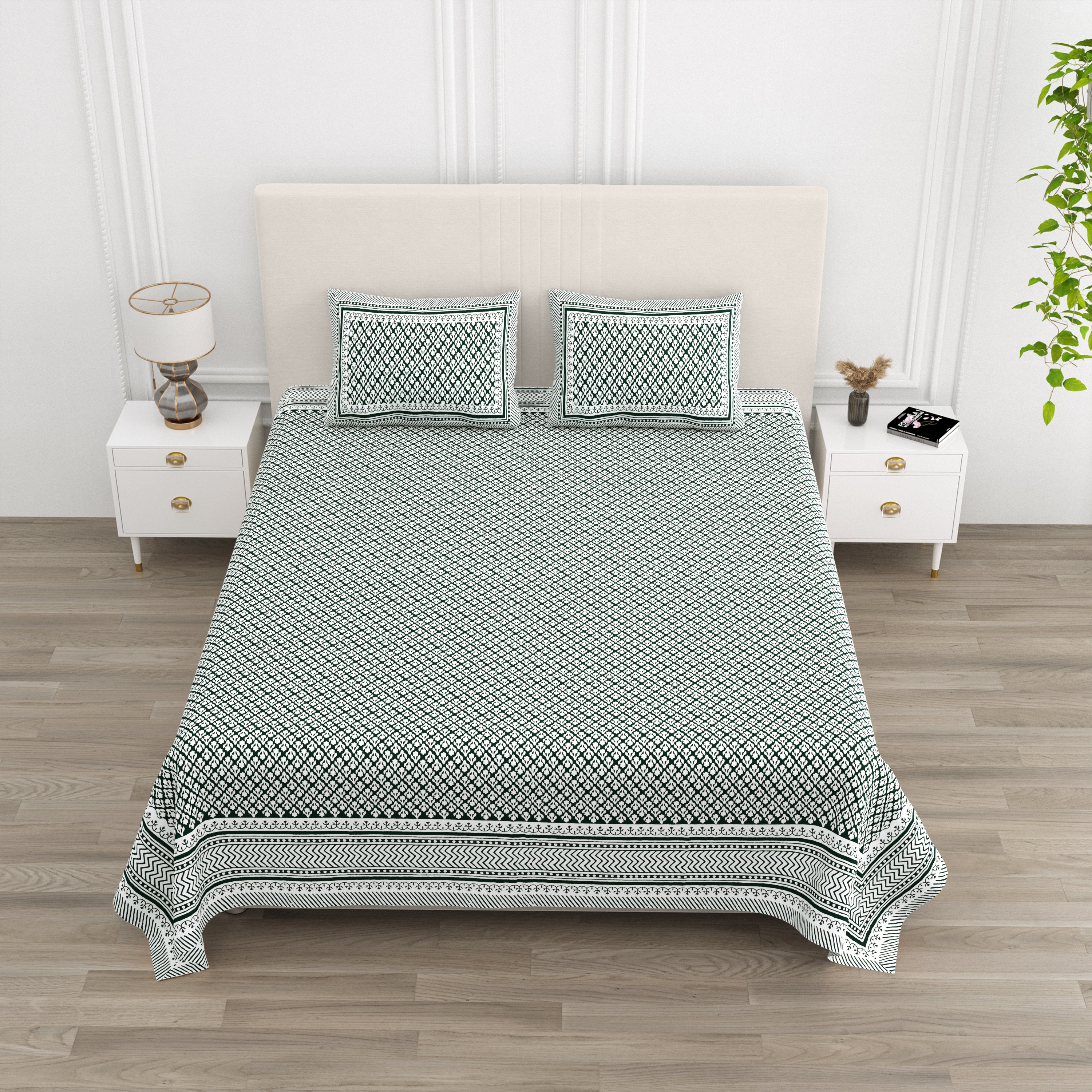 Rajasthani Jaali Printed Cotton Bedsheet - Pine Green