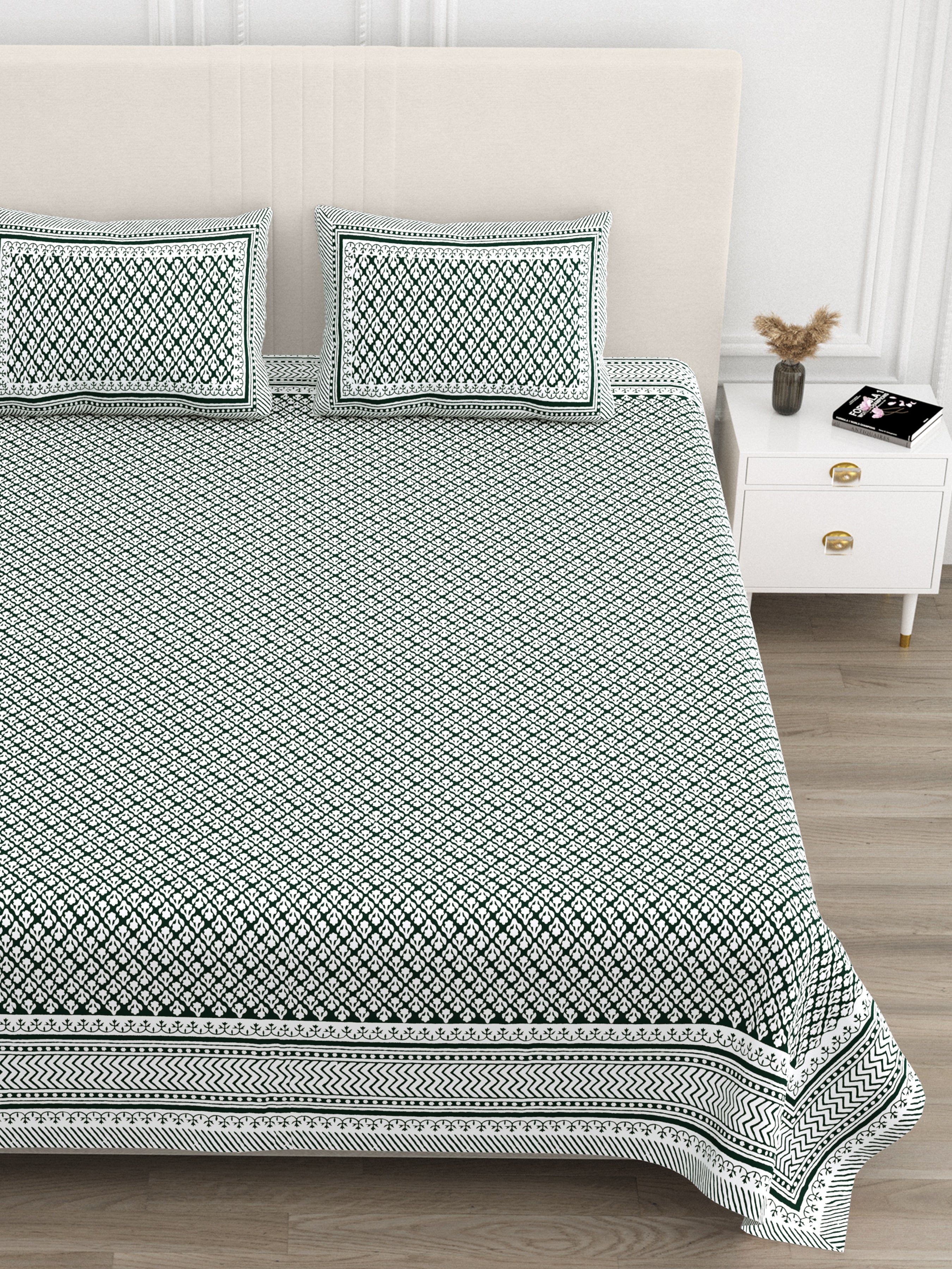 Rajasthani Jaali Printed Cotton Bedsheet - Pine Green