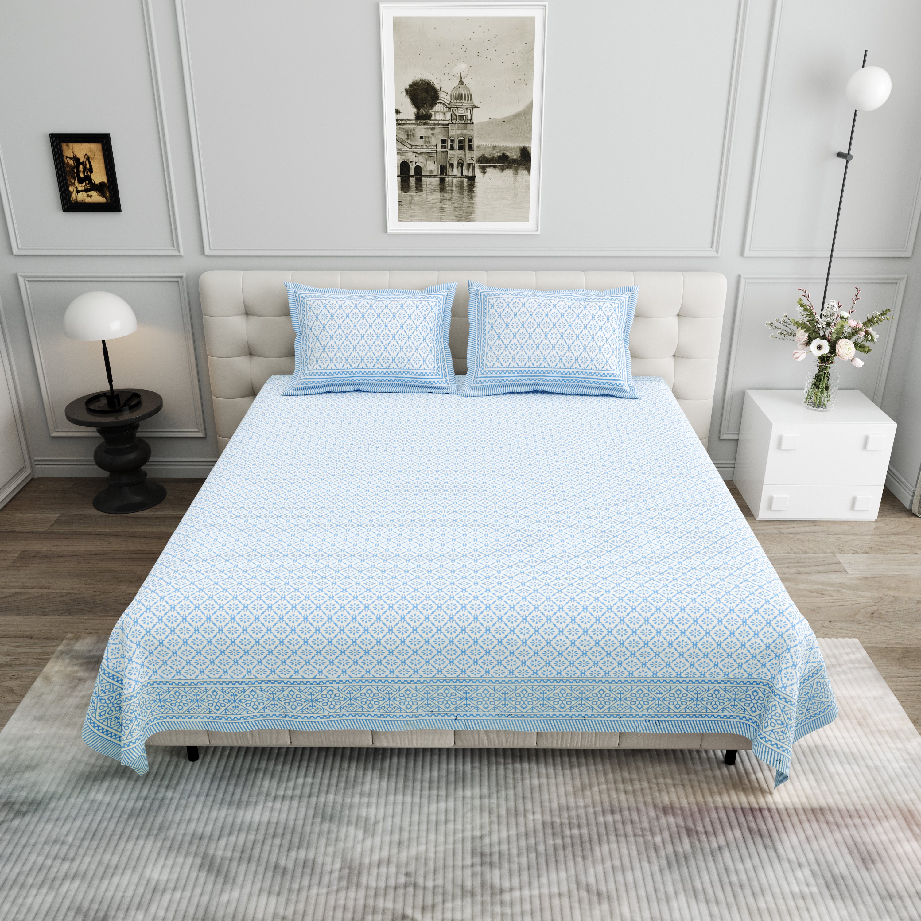 Basic Floral Cotton King Size Bedsheet- Sky Blue