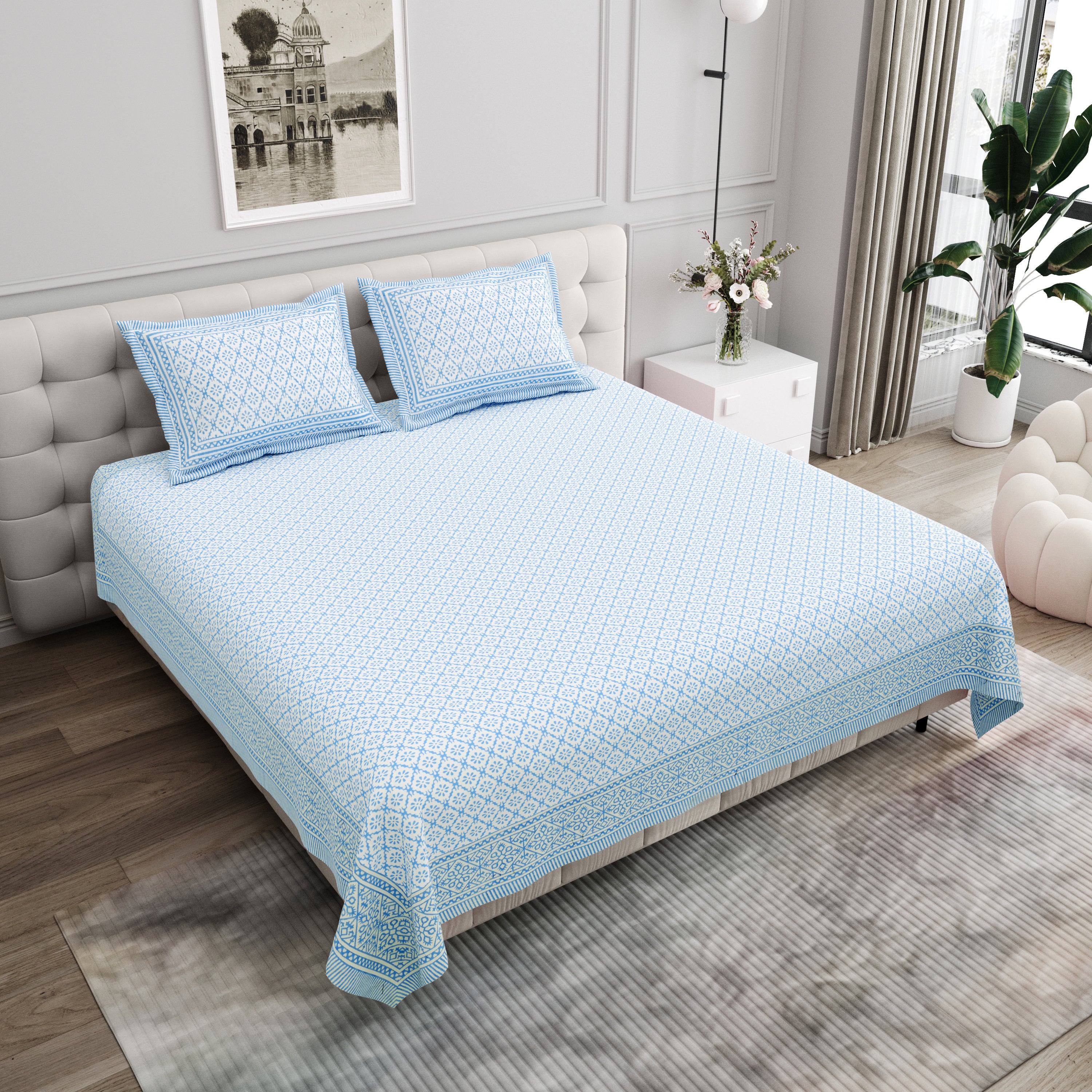 Basic Floral Cotton King Size Bedsheet- Sky Blue