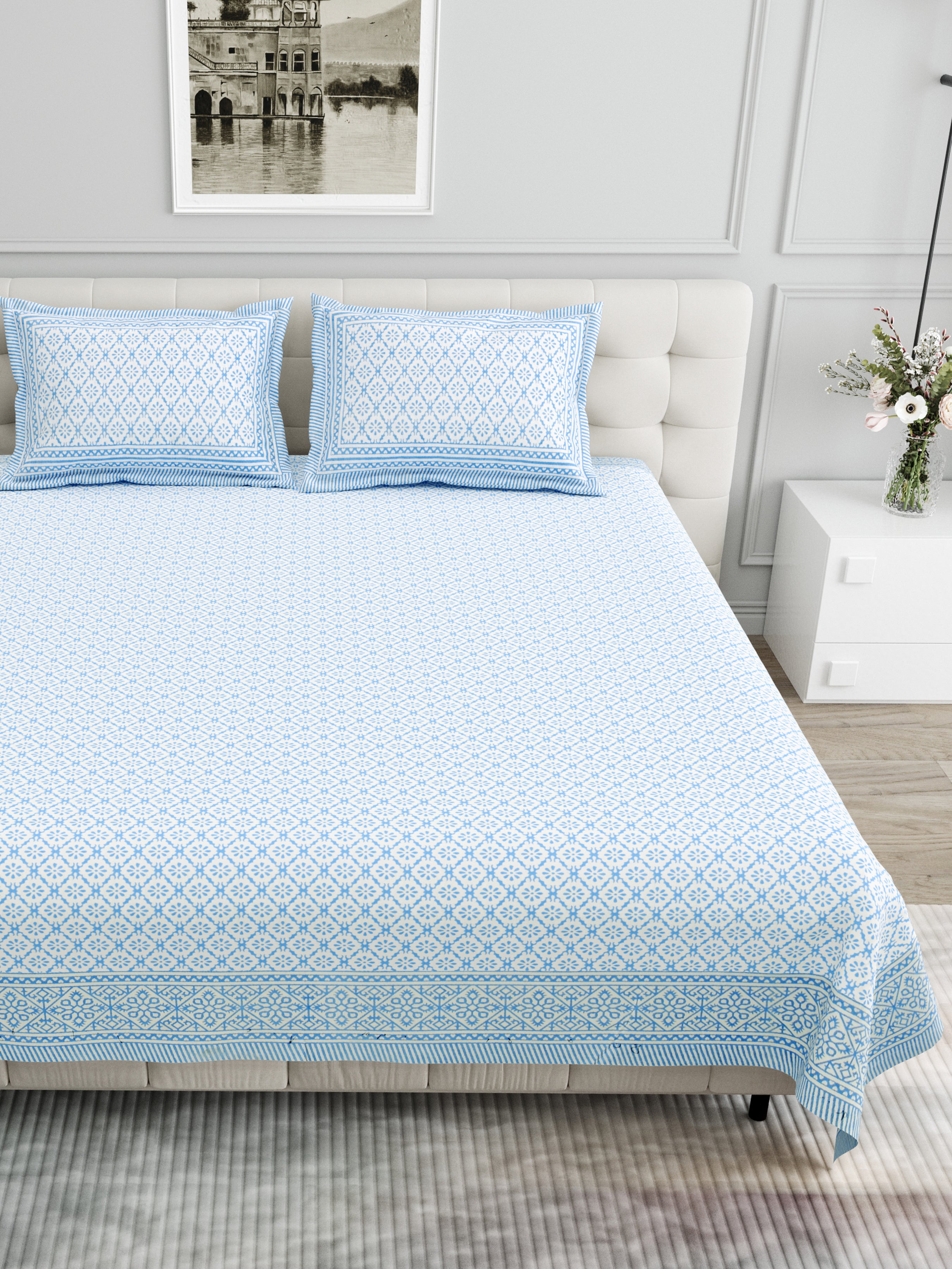 Basic Floral Cotton King Size Bedsheet- Sky Blue
