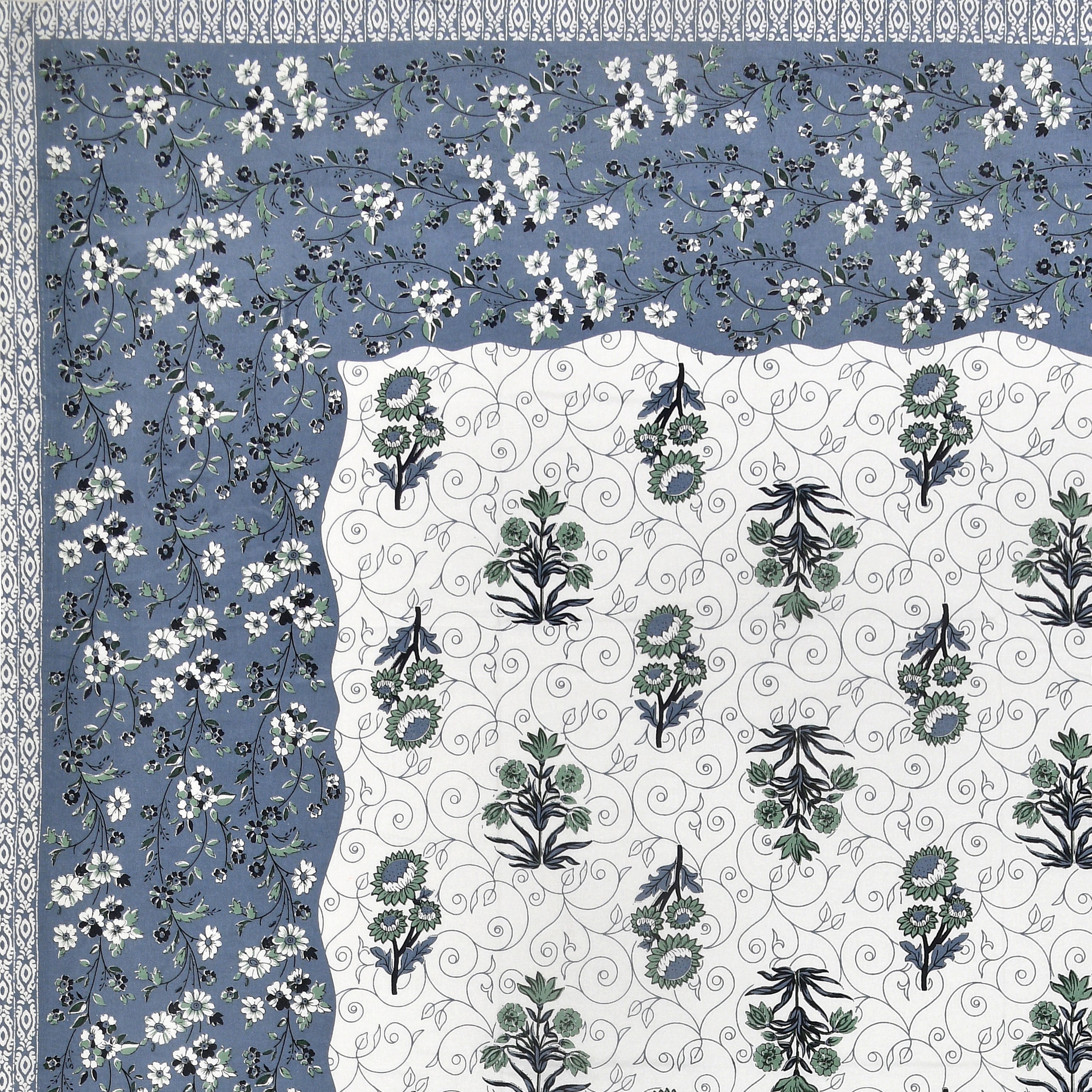 Floral Vines Cotton King Size Bedsheet - Muted Blue